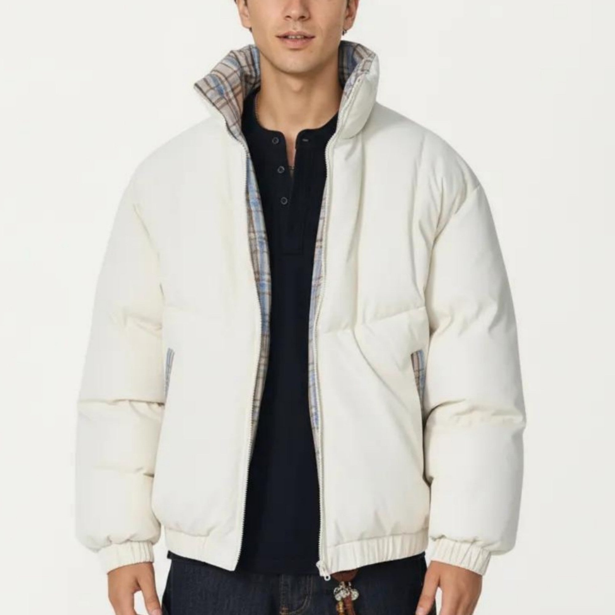 Anna-Kaci Men's Quilted Puffer Jacket with Plaid Lined Stand Collar and Elastic Hem