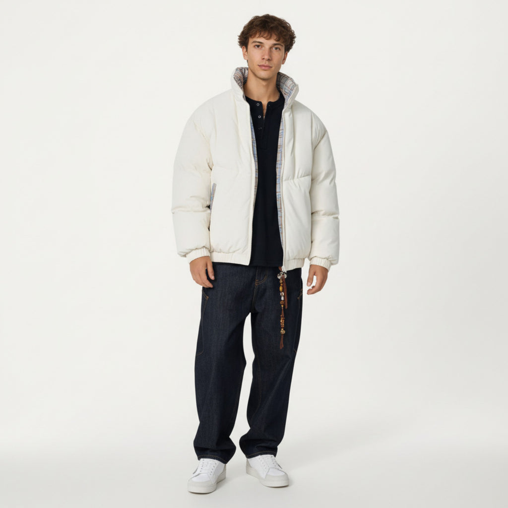 Anna-Kaci Men's Quilted Puffer Jacket with Plaid Lined Stand Collar and Elastic Hem