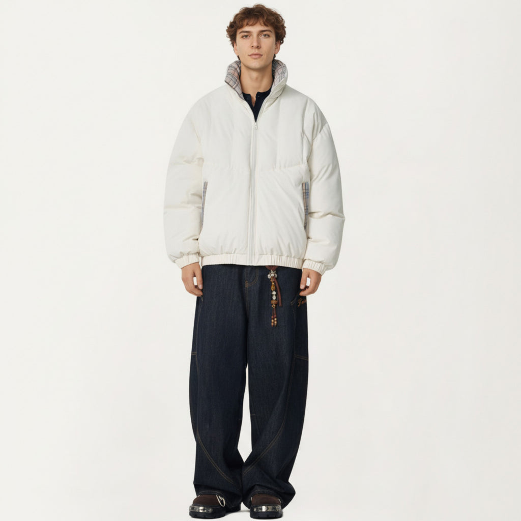 Anna-Kaci Men's Quilted Puffer Jacket with Plaid Lined Stand Collar and Elastic Hem