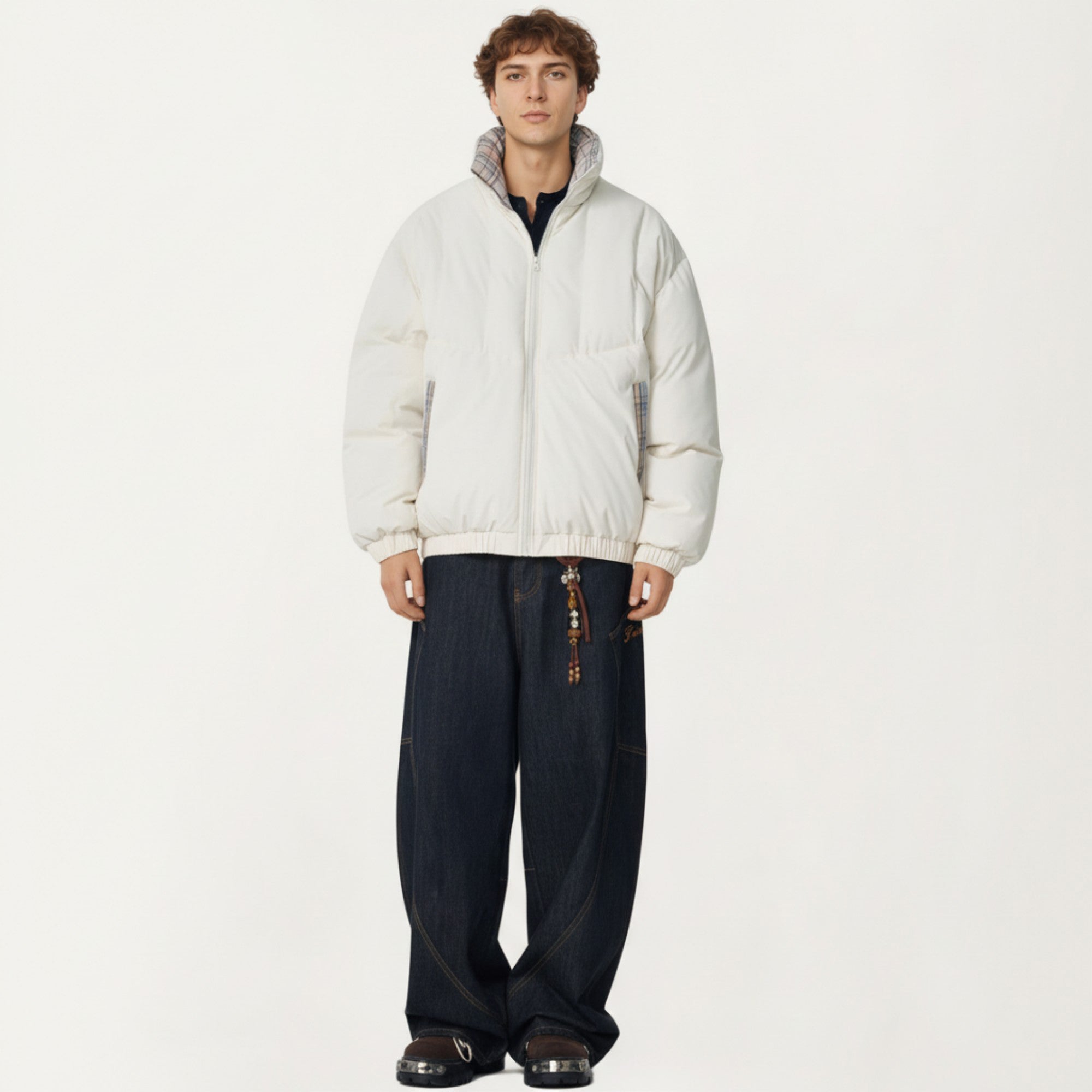 Anna-Kaci Men's Quilted Puffer Jacket with Plaid Lined Stand Collar and Elastic Hem