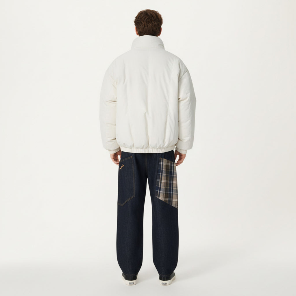 Anna-Kaci Men's Quilted Puffer Jacket with Plaid Lined Stand Collar and Elastic Hem