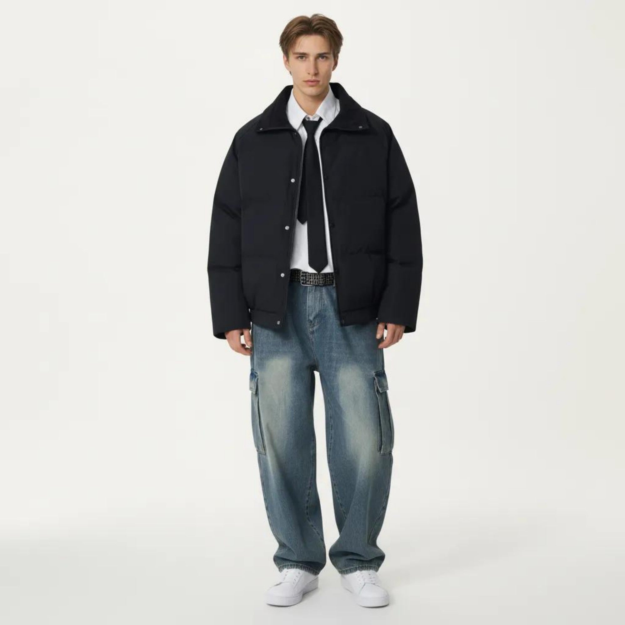 Anna-Kaci Men's Quilted Puffer Jacket with Stand Collar Snap Front and Ribbed Hem