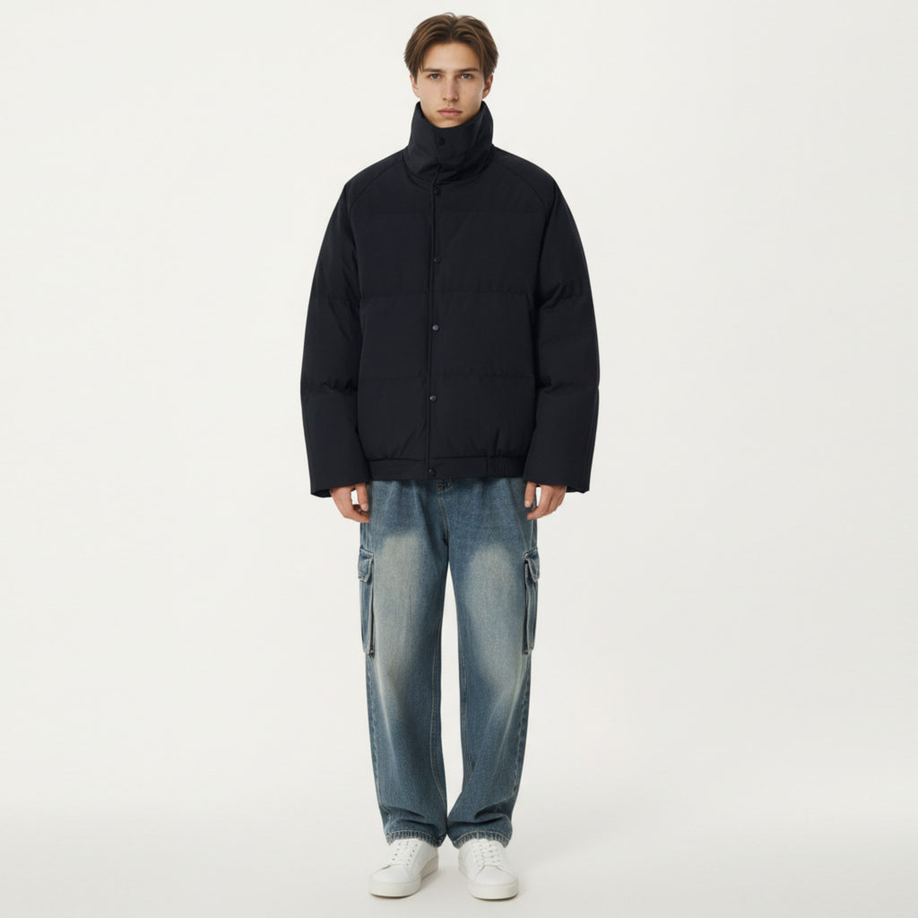 Anna-Kaci Men's Quilted Puffer Jacket with Stand Collar Snap Front and Ribbed Hem