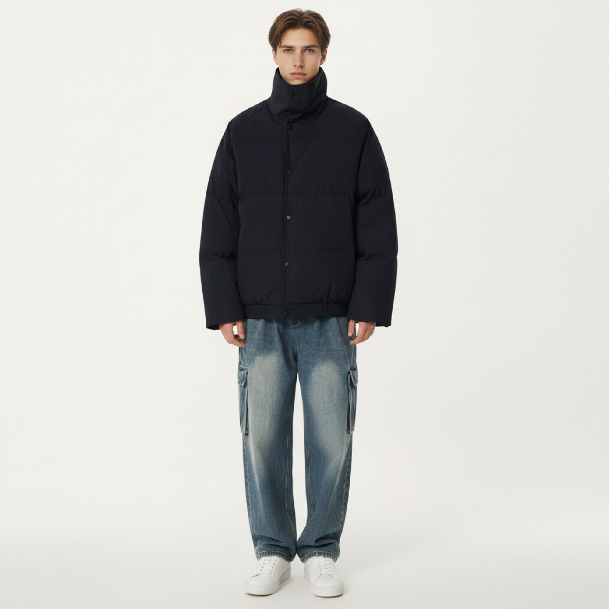 Anna-Kaci Men's Quilted Puffer Jacket with Stand Collar Snap Front and Ribbed Hem