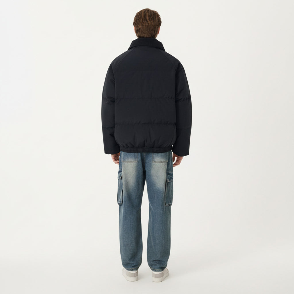 Anna-Kaci Men's Quilted Puffer Jacket with Stand Collar Snap Front and Ribbed Hem