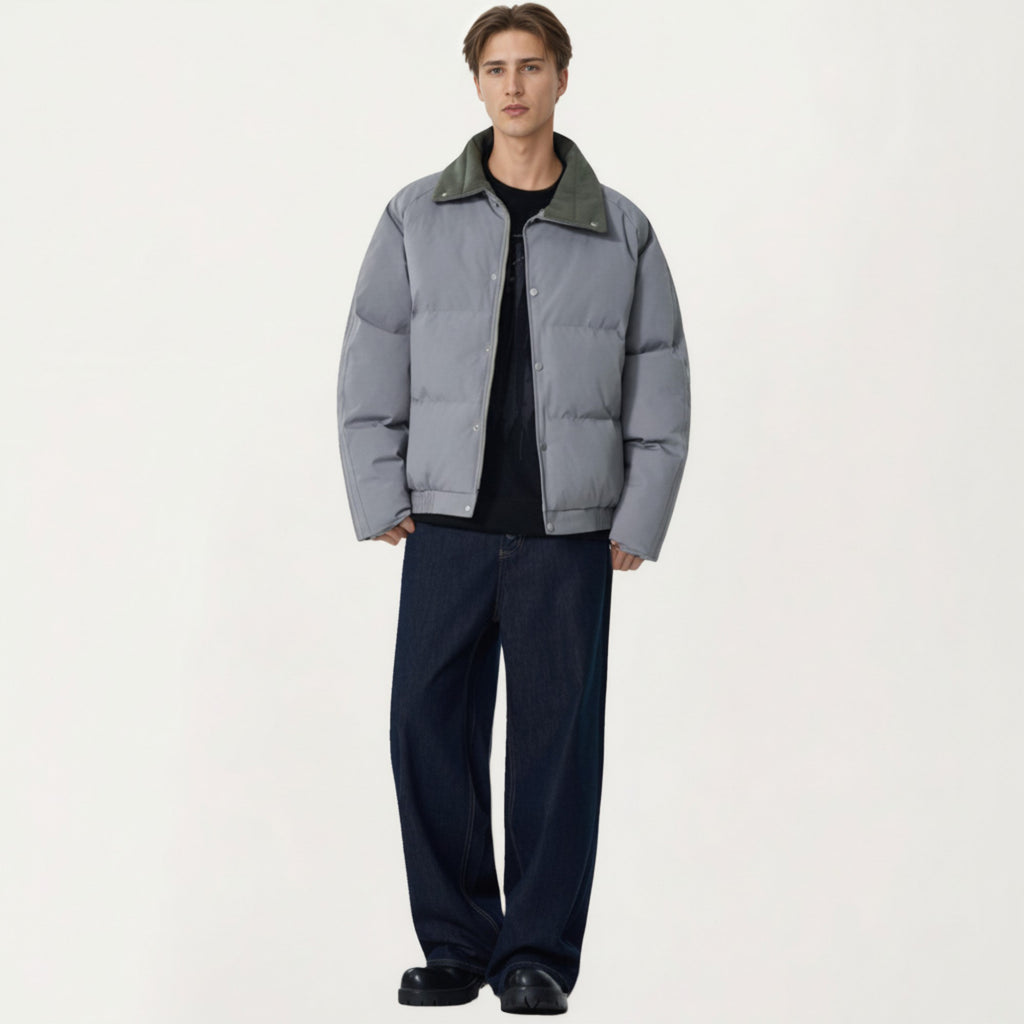 Anna-Kaci Men's Quilted Puffer Jacket with Stand Collar Snap Front and Ribbed Hem