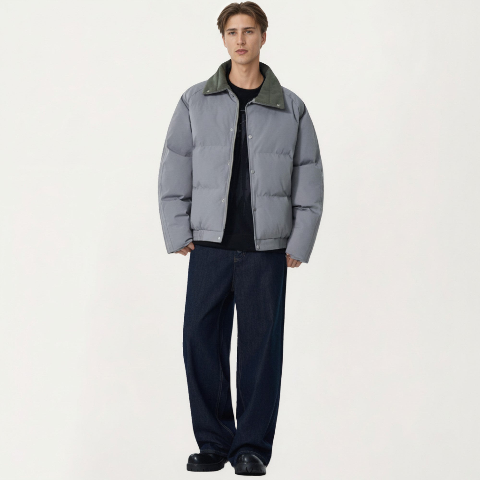 Anna-Kaci Men's Quilted Puffer Jacket with Stand Collar Snap Front and Ribbed Hem