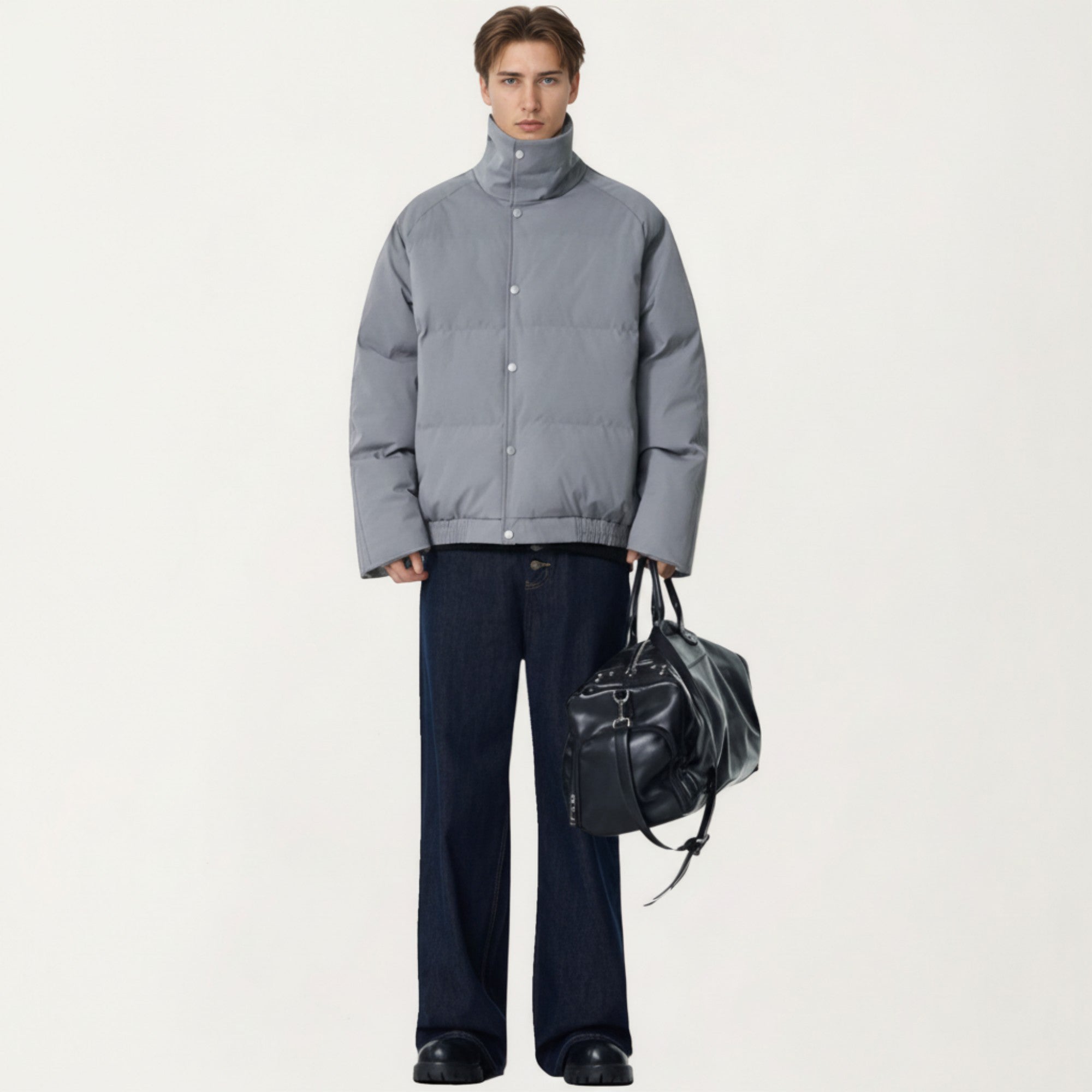 Anna-Kaci Men's Quilted Puffer Jacket with Stand Collar Snap Front and Ribbed Hem
