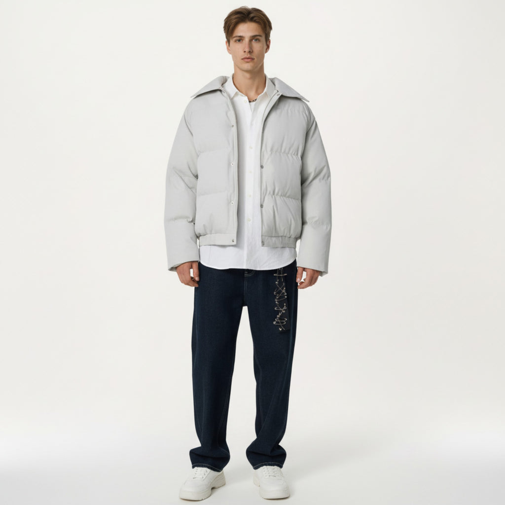 Anna-Kaci Men's Quilted Puffer Jacket with Stand Collar Snap Front and Ribbed Hem