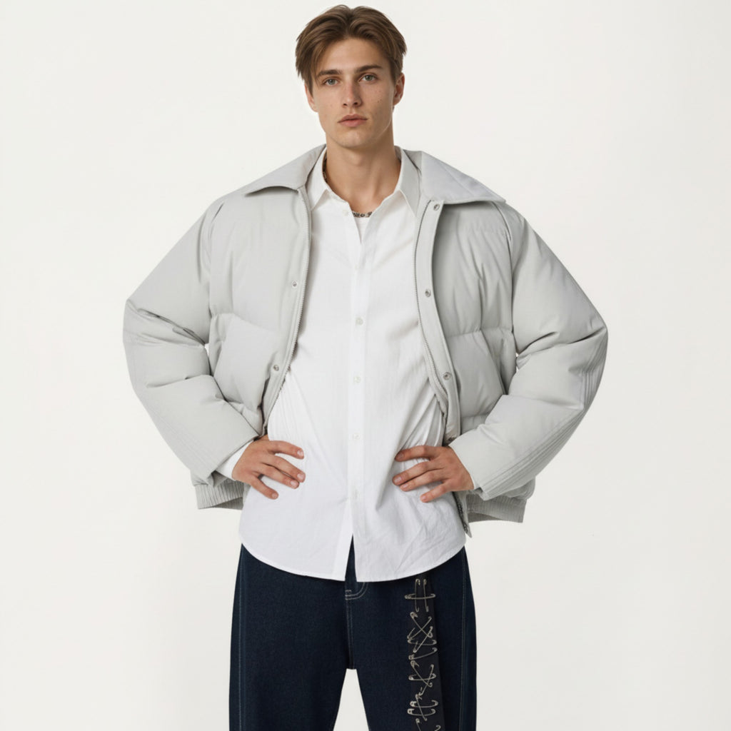 Anna-Kaci Men's Quilted Puffer Jacket with Stand Collar Snap Front and Ribbed Hem