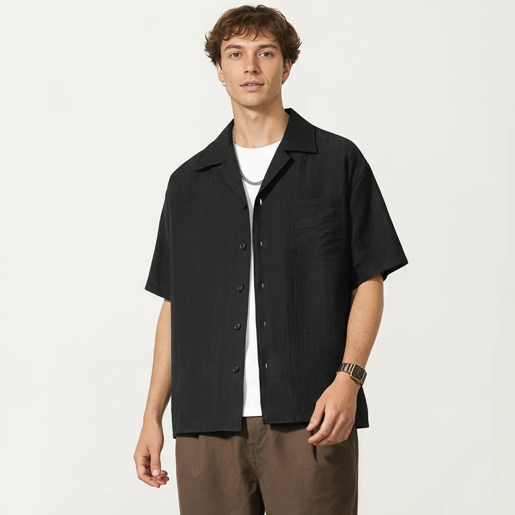 Anna-Kaci Men's Short Sleeve Button Down Shirt with Textured Woven Fabric and Relaxed Open Collar Fit