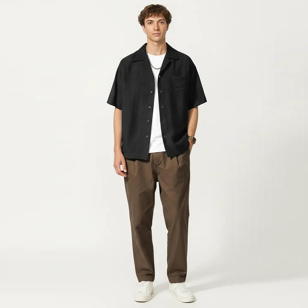 Anna-Kaci Men's Short Sleeve Button Down Shirt with Textured Woven Fabric and Relaxed Open Collar Fit