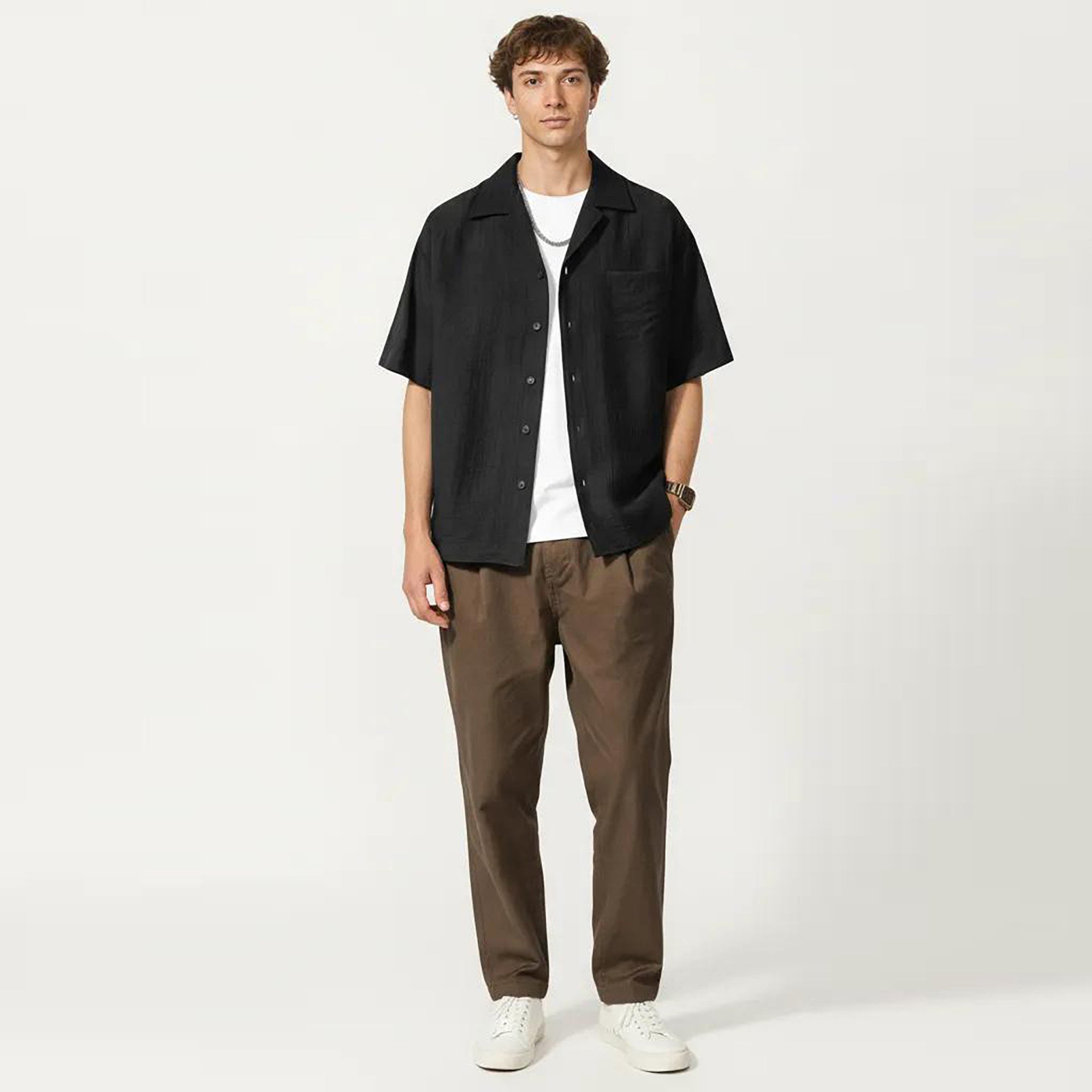 Anna-Kaci Men's Short Sleeve Button Down Shirt with Textured Woven Fabric and Relaxed Open Collar Fit