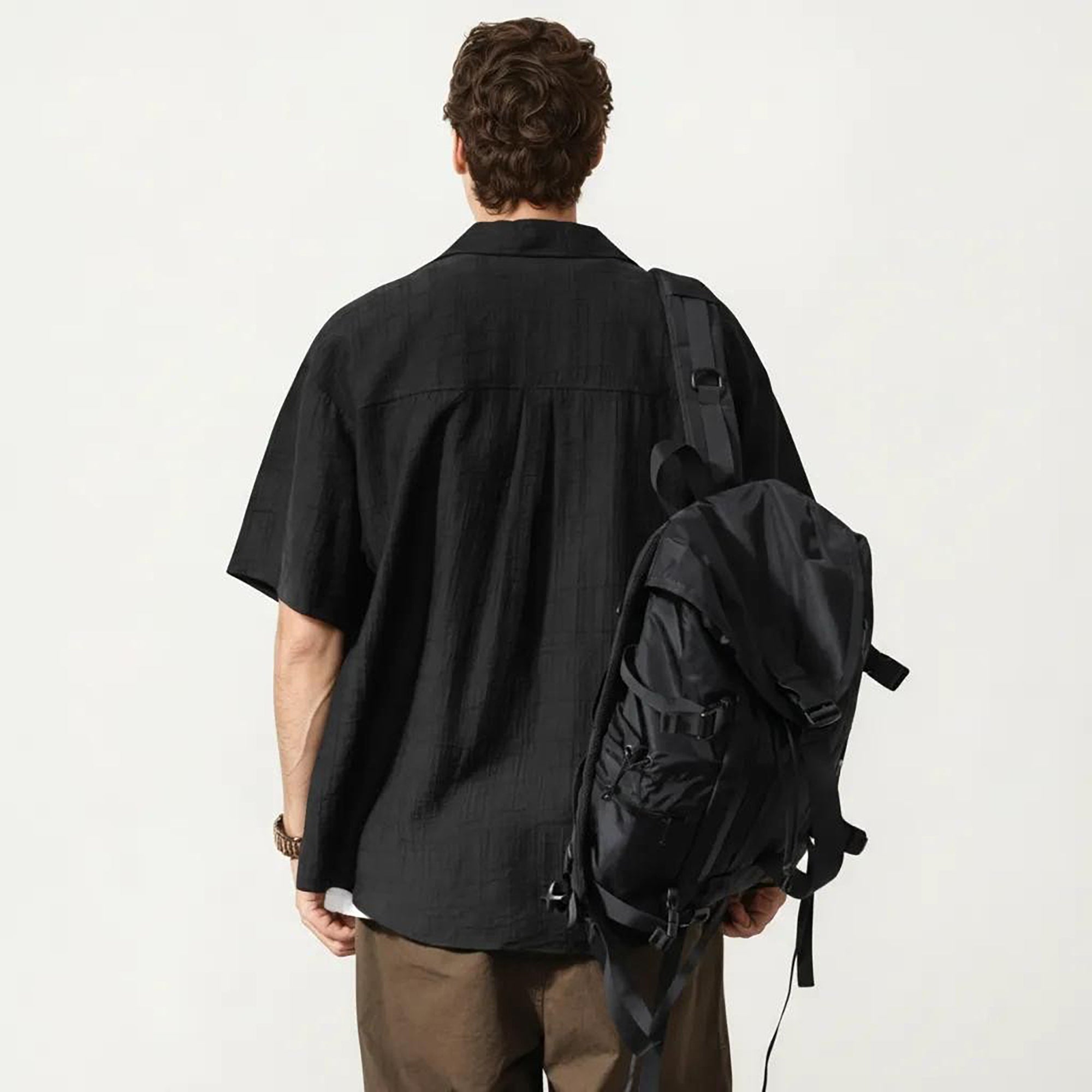 Anna-Kaci Men's Short Sleeve Button Down Shirt with Textured Woven Fabric and Relaxed Open Collar Fit