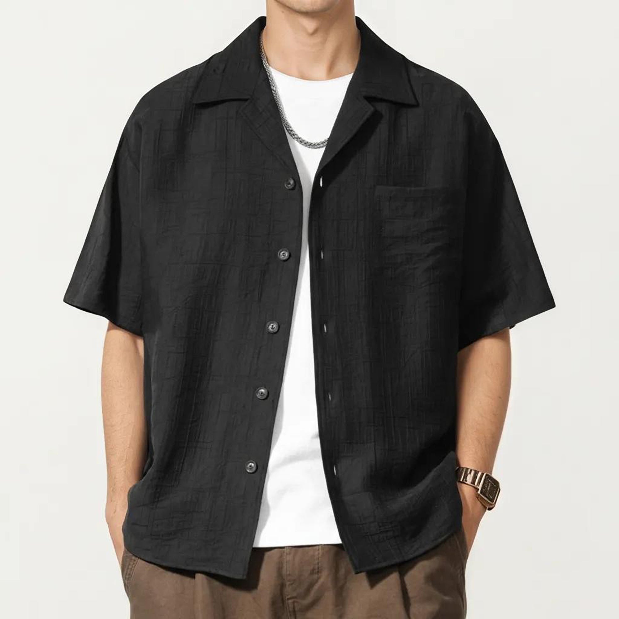 Anna-Kaci Men's Short Sleeve Button Down Shirt with Textured Woven Fabric and Relaxed Open Collar Fit