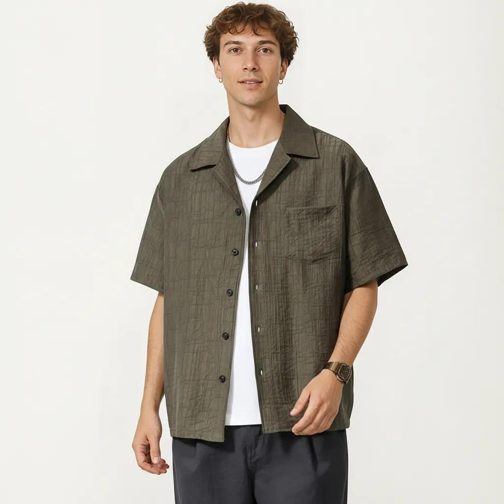 Anna-Kaci Men's Short Sleeve Button Down Shirt with Textured Woven Fabric and Relaxed Open Collar Fit