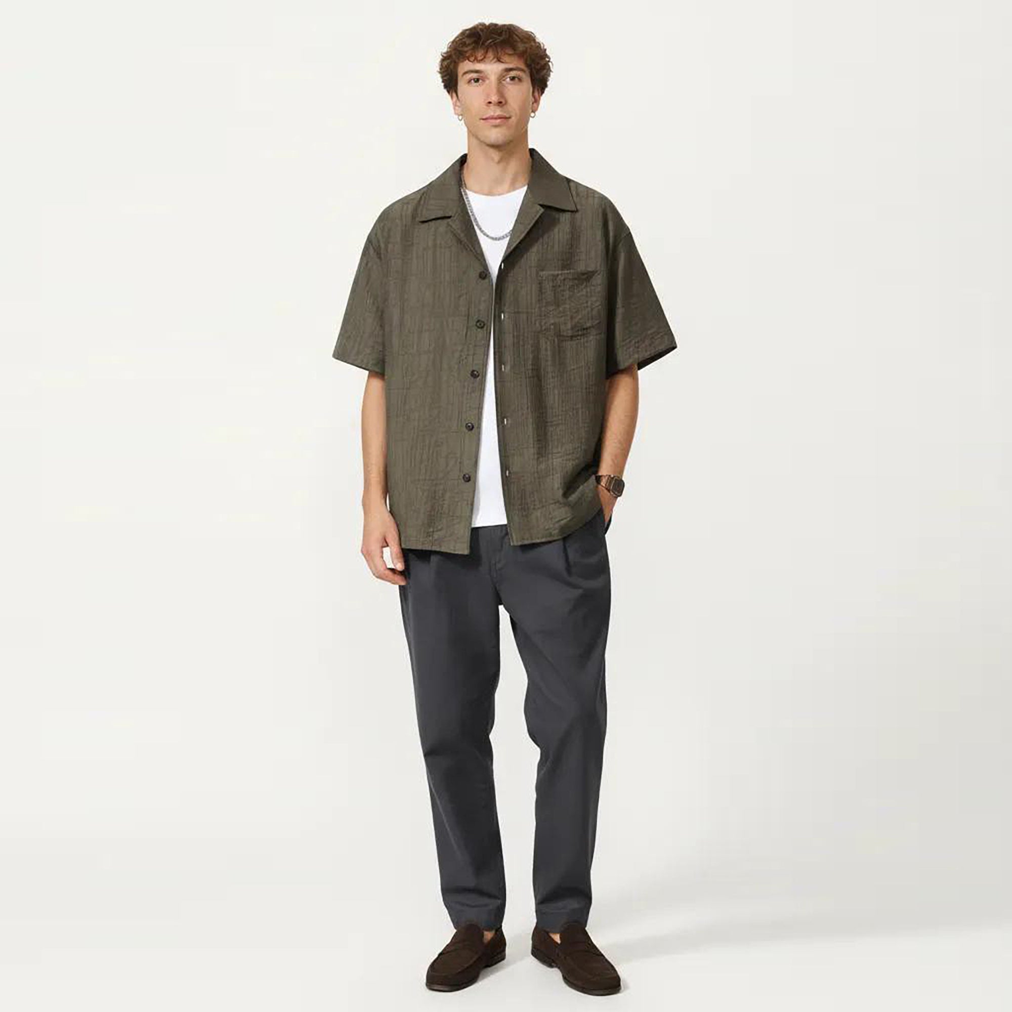 Anna-Kaci Men's Short Sleeve Button Down Shirt with Textured Woven Fabric and Relaxed Open Collar Fit