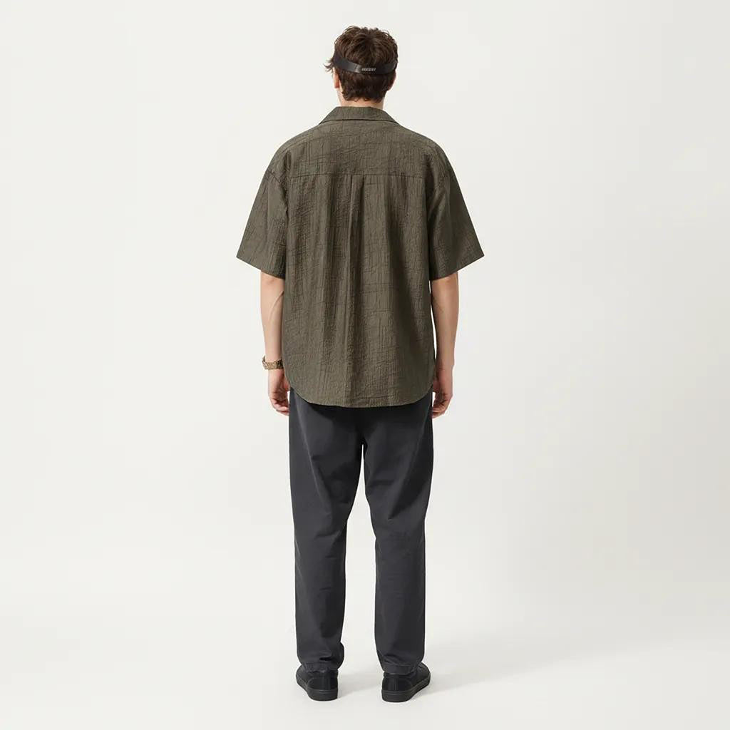 Anna-Kaci Men's Short Sleeve Button Down Shirt with Textured Woven Fabric and Relaxed Open Collar Fit