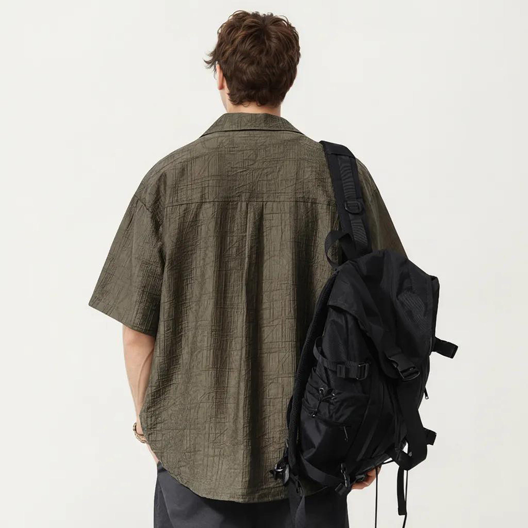 Anna-Kaci Men's Short Sleeve Button Down Shirt with Textured Woven Fabric and Relaxed Open Collar Fit