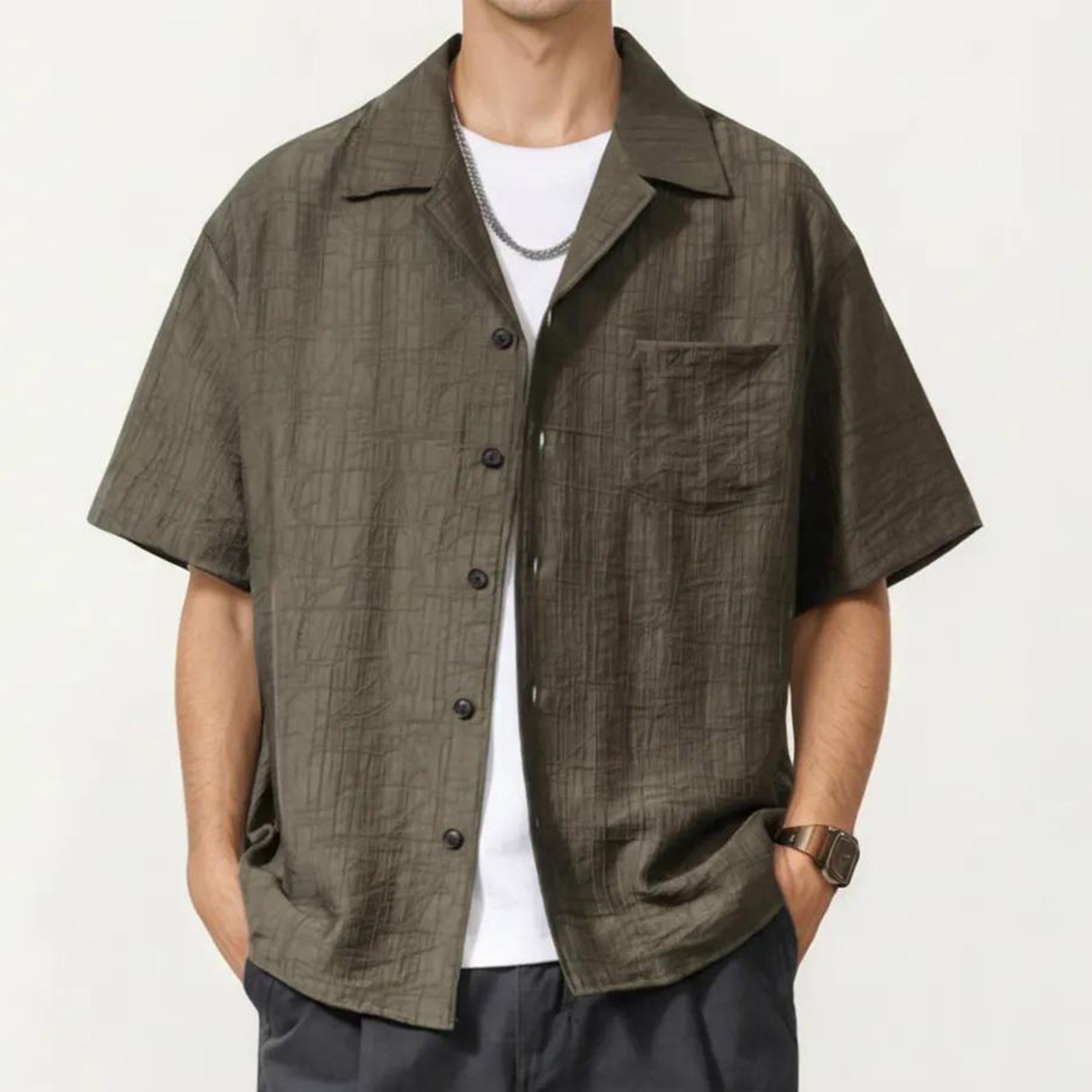 Anna-Kaci Men's Short Sleeve Button Down Shirt with Textured Woven Fabric and Relaxed Open Collar Fit