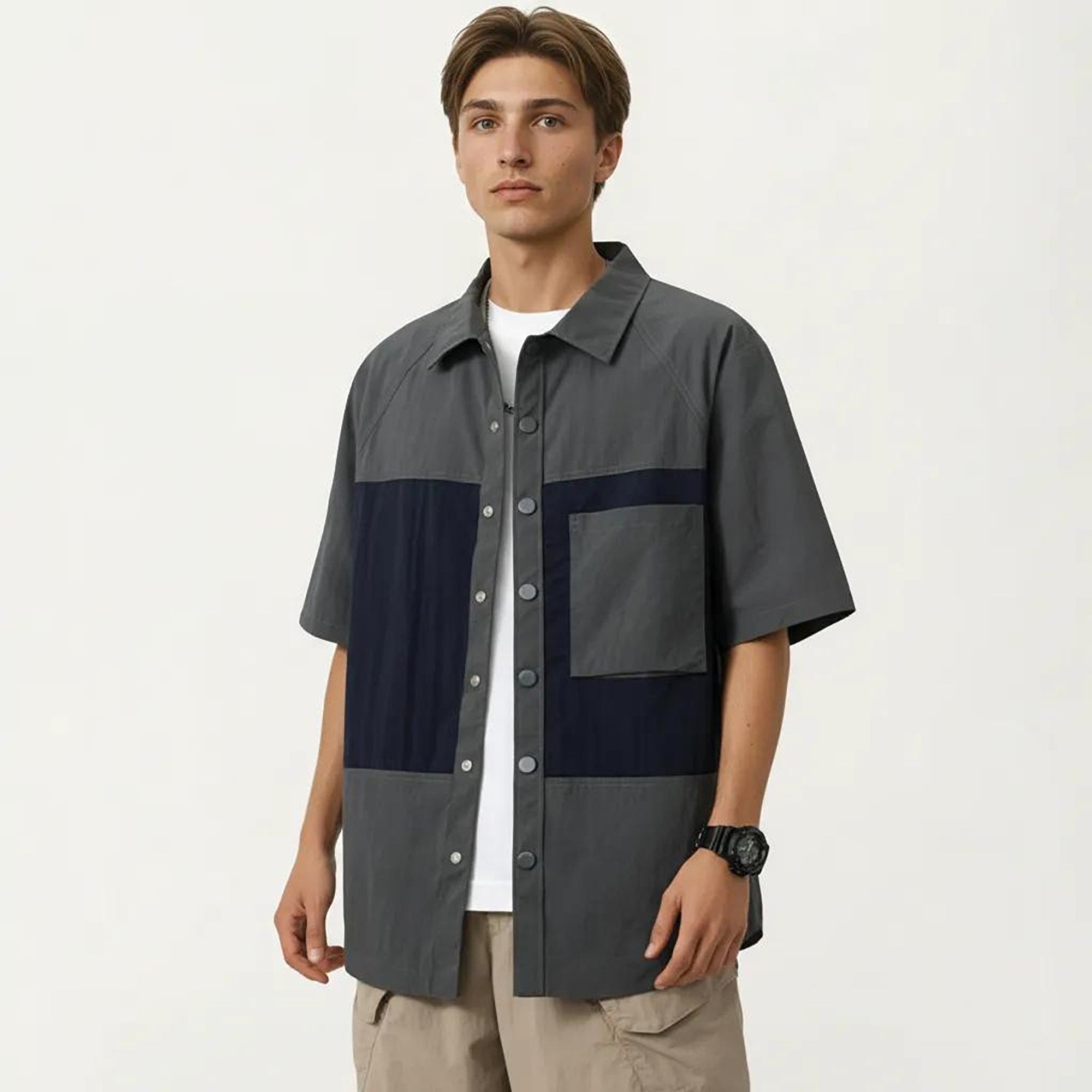 Anna-Kaci Men's Short Sleeve Button Front Overshirt with Chest Pocket and Relaxed Structured Fit