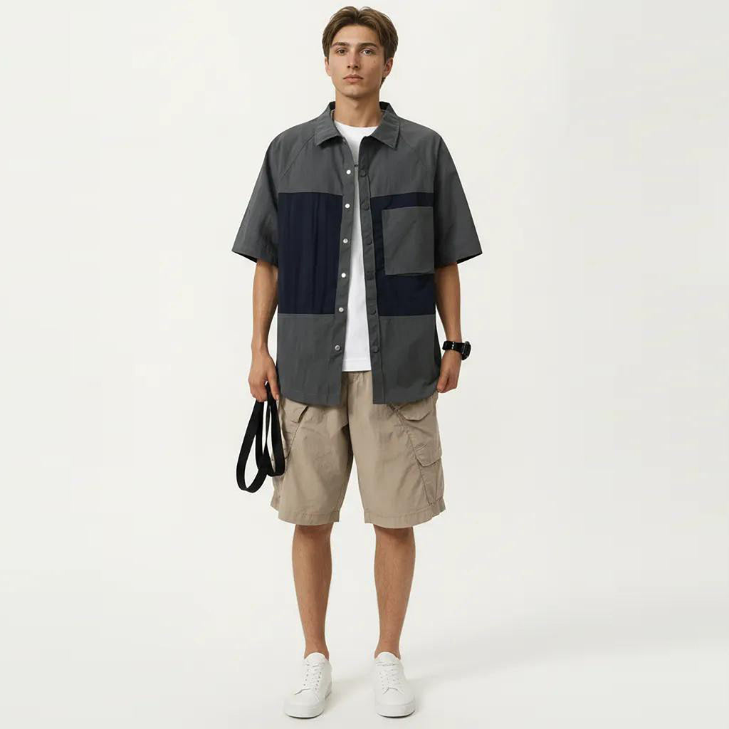 Anna-Kaci Men's Short Sleeve Button Front Overshirt with Chest Pocket and Relaxed Structured Fit