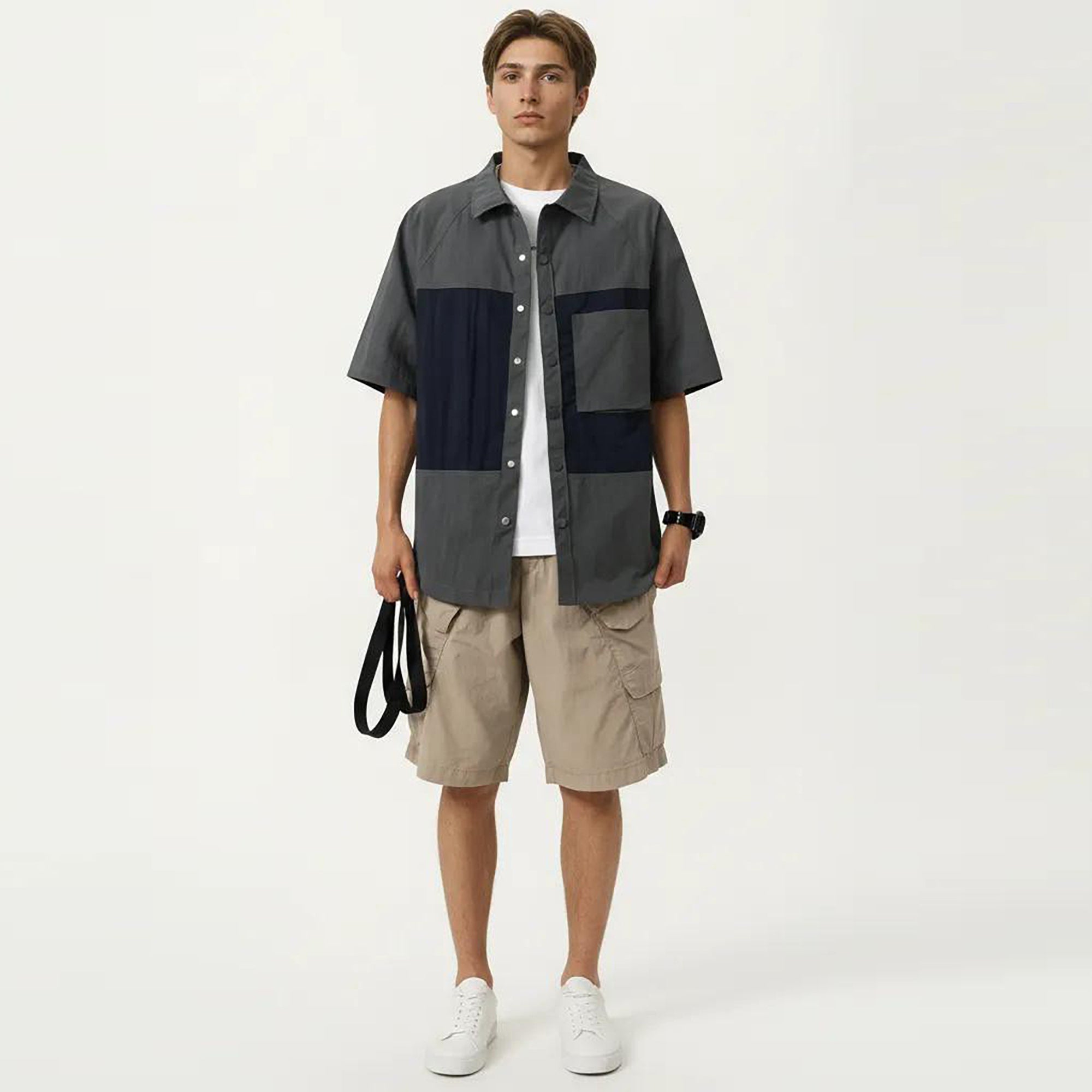Anna-Kaci Men's Short Sleeve Button Front Overshirt with Chest Pocket and Relaxed Structured Fit
