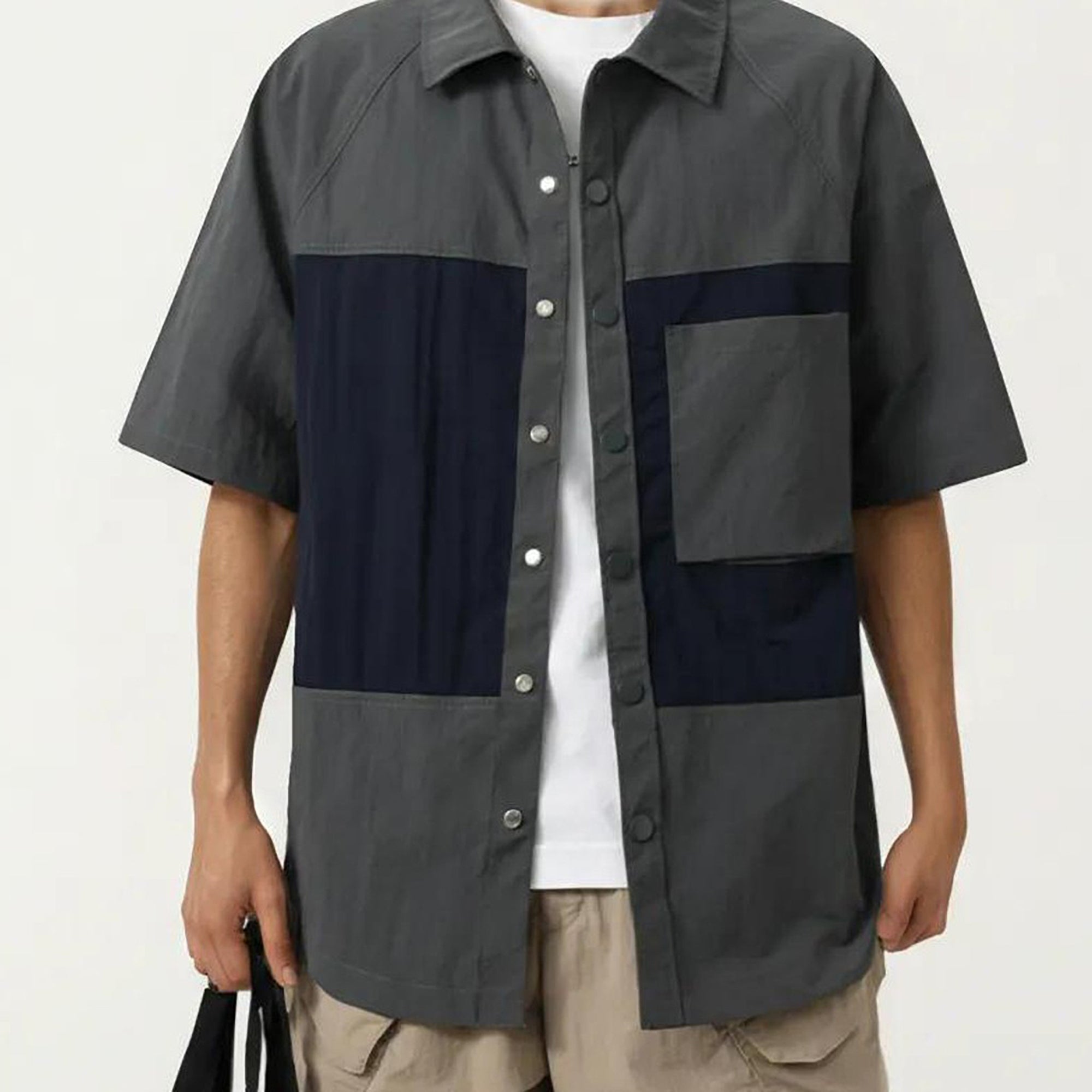 Anna-Kaci Men's Short Sleeve Button Front Overshirt with Chest Pocket and Relaxed Structured Fit