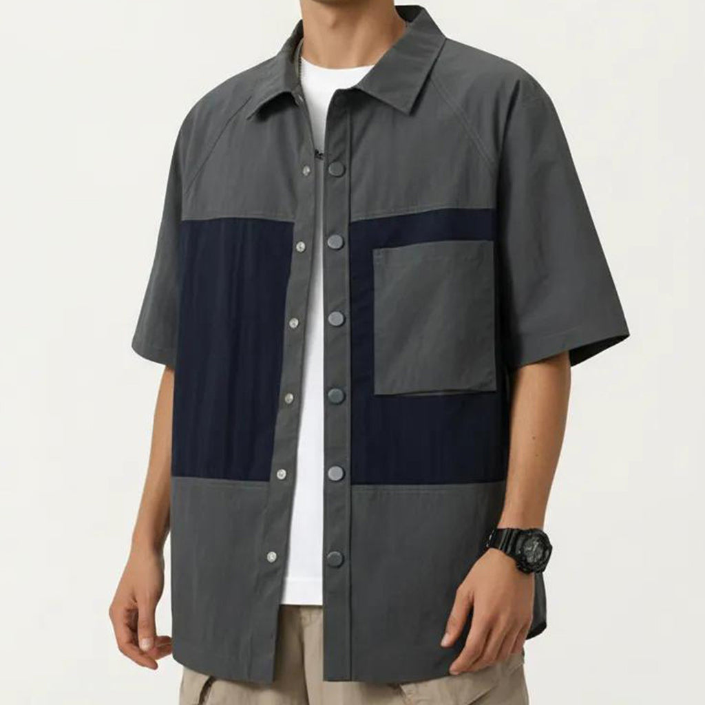 Anna-Kaci Men's Short Sleeve Button Front Overshirt with Chest Pocket and Relaxed Structured Fit