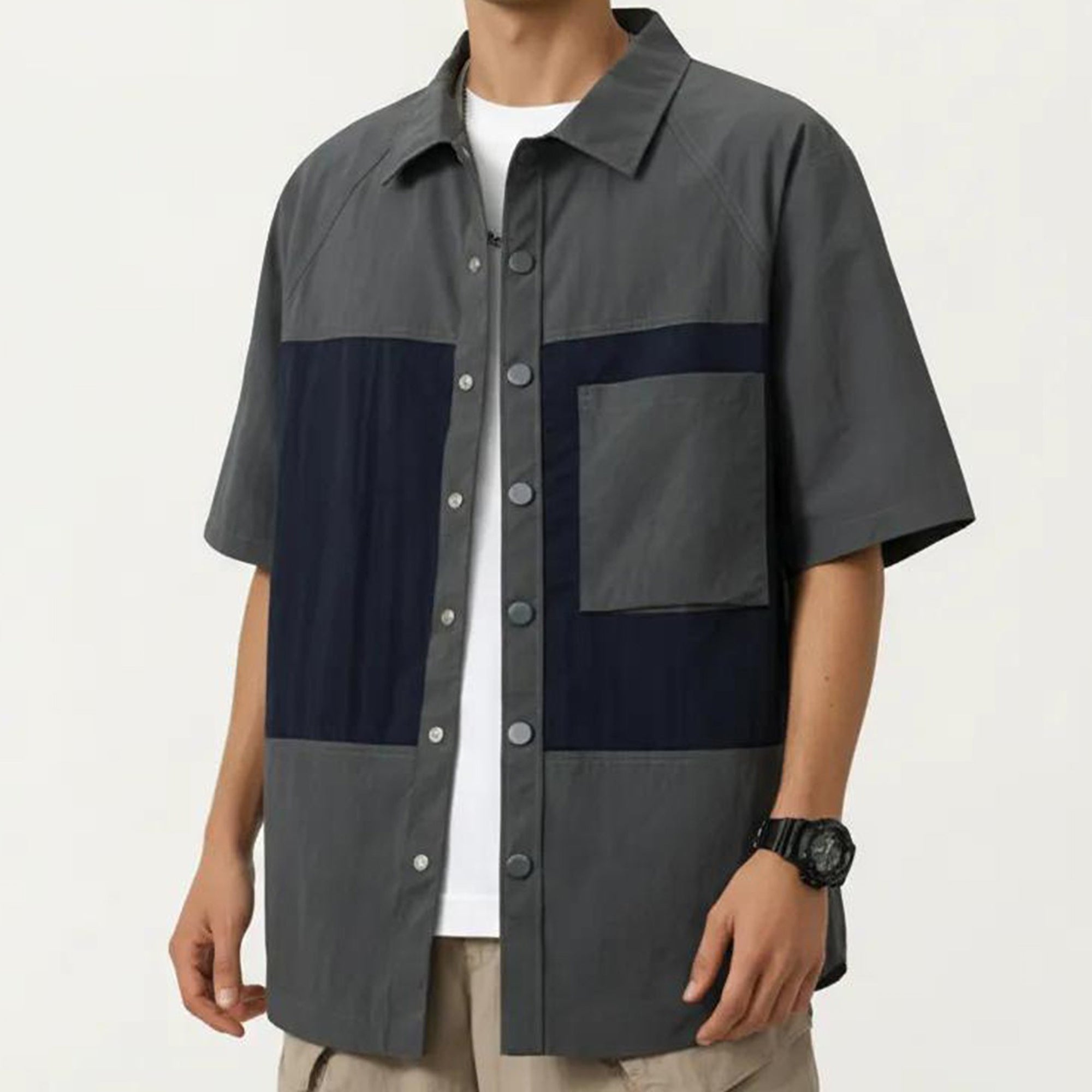 Anna-Kaci Men's Short Sleeve Button Front Overshirt with Chest Pocket and Relaxed Structured Fit