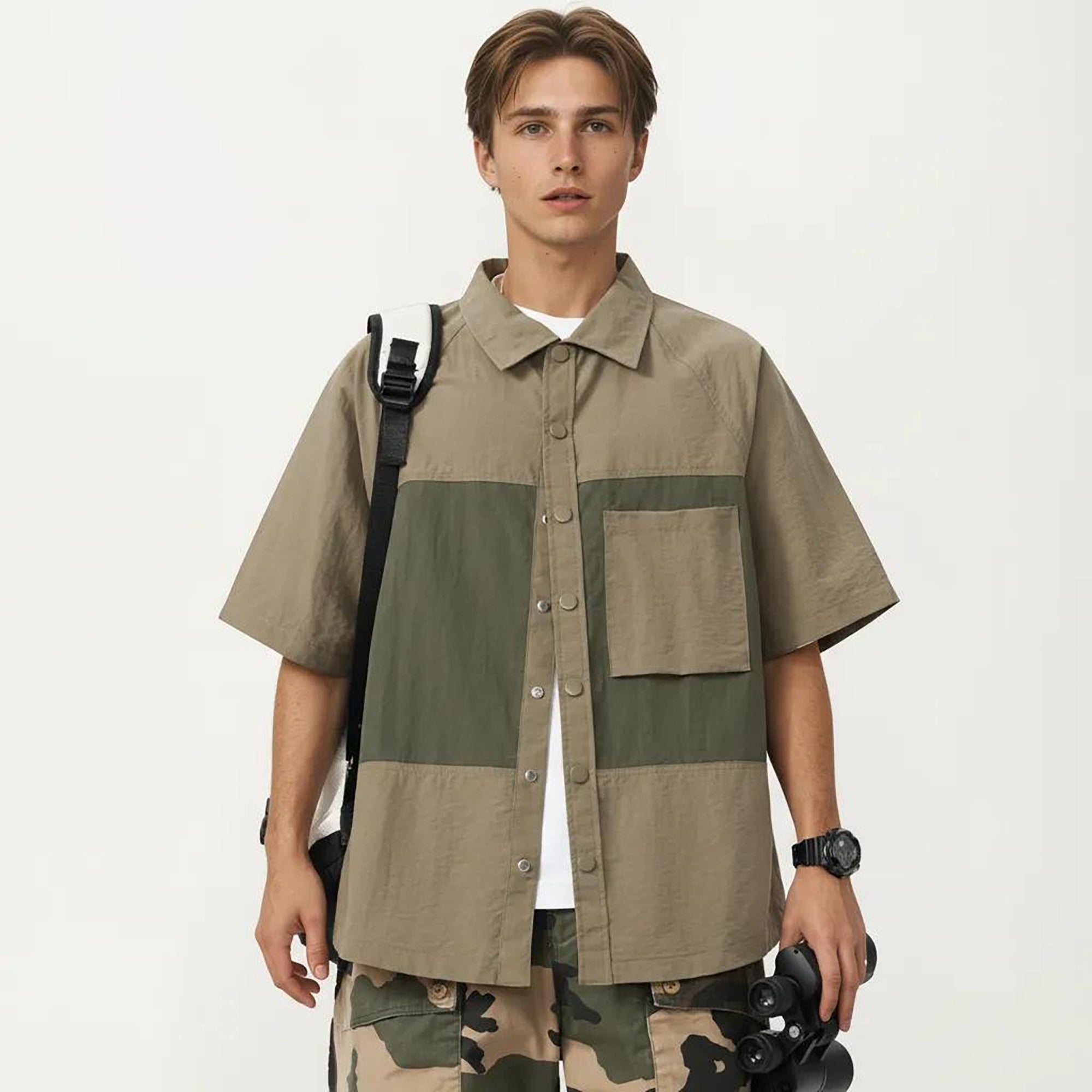 Anna-Kaci Men's Short Sleeve Button Front Overshirt with Chest Pocket and Relaxed Structured Fit