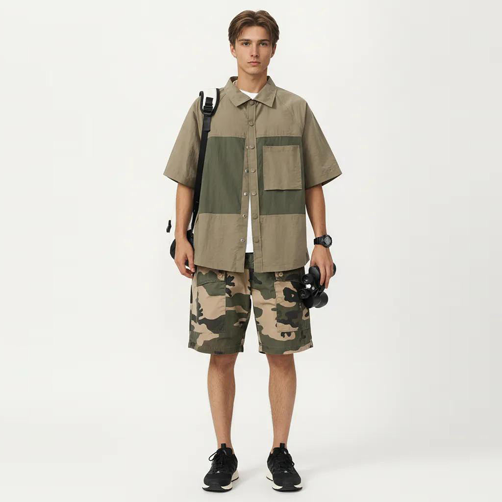 Anna-Kaci Men's Short Sleeve Button Front Overshirt with Chest Pocket and Relaxed Structured Fit