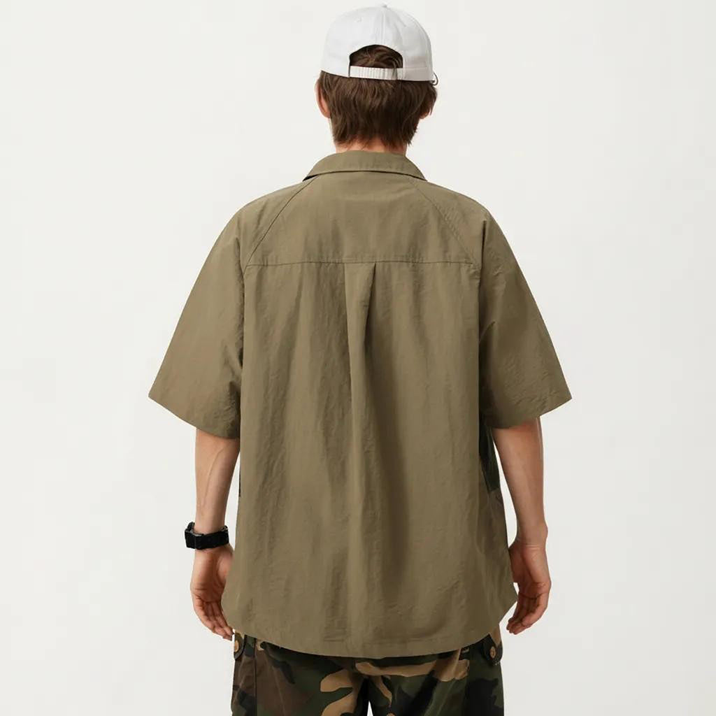 Anna-Kaci Men's Short Sleeve Button Front Overshirt with Chest Pocket and Relaxed Structured Fit