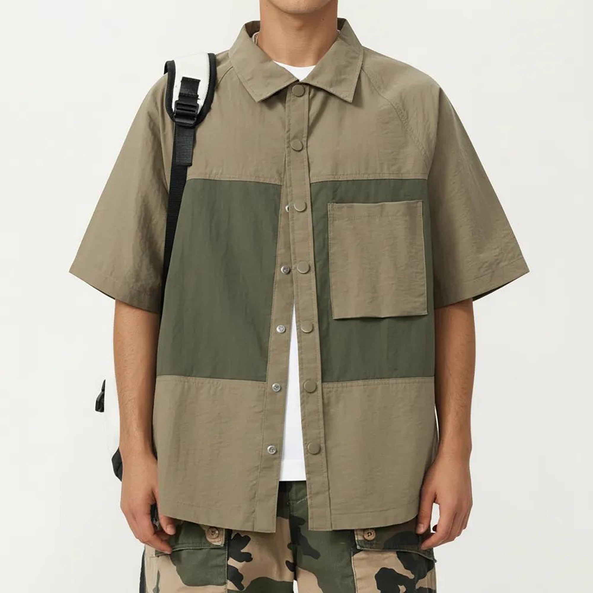 Anna-Kaci Men's Short Sleeve Button Front Overshirt with Chest Pocket and Relaxed Structured Fit