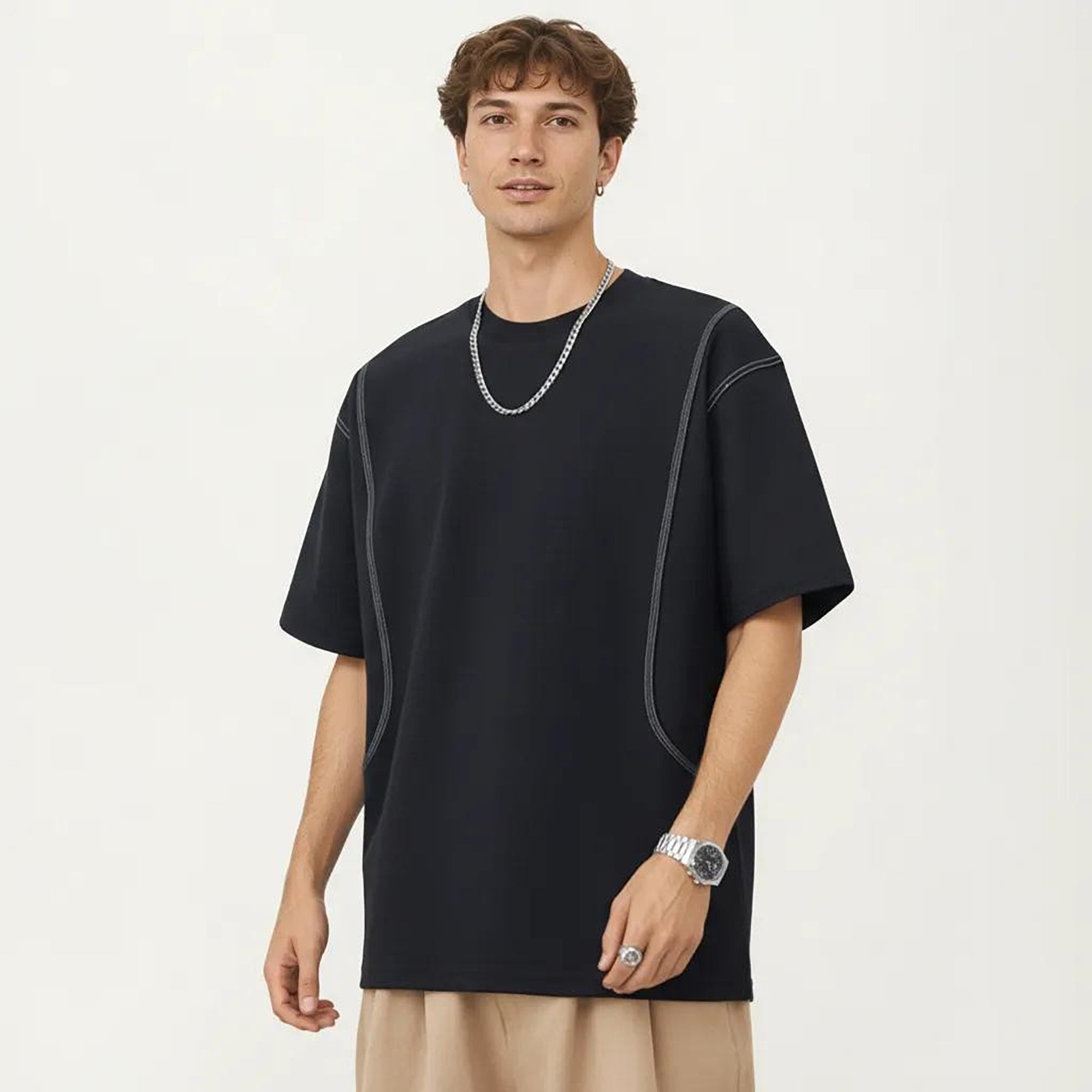 Anna-Kaci Men's Short Sleeve Crewneck T-Shirt with Exposed Seam Detailing and Relaxed Fit