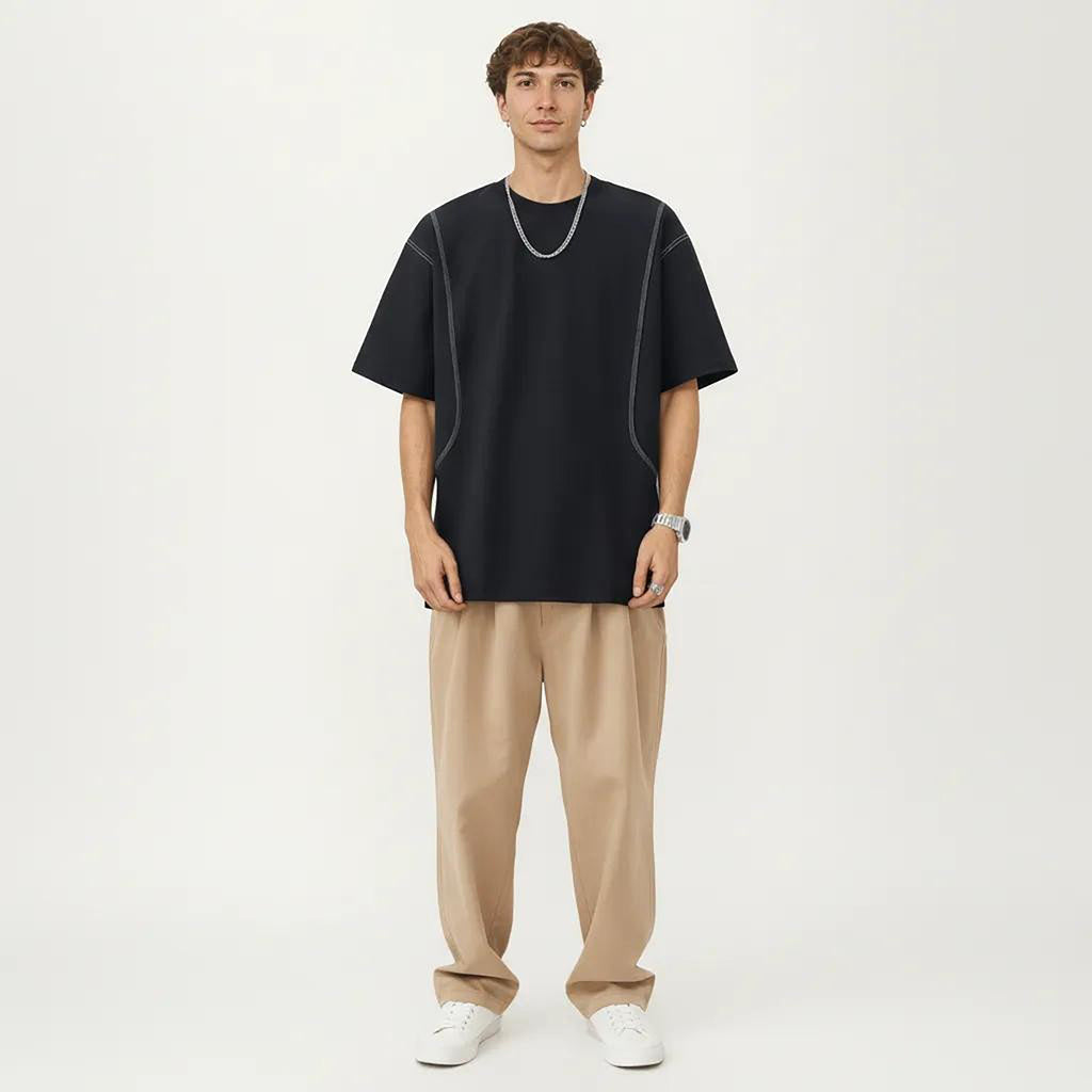 Anna-Kaci Men's Short Sleeve Crewneck T-Shirt with Exposed Seam Detailing and Relaxed Fit