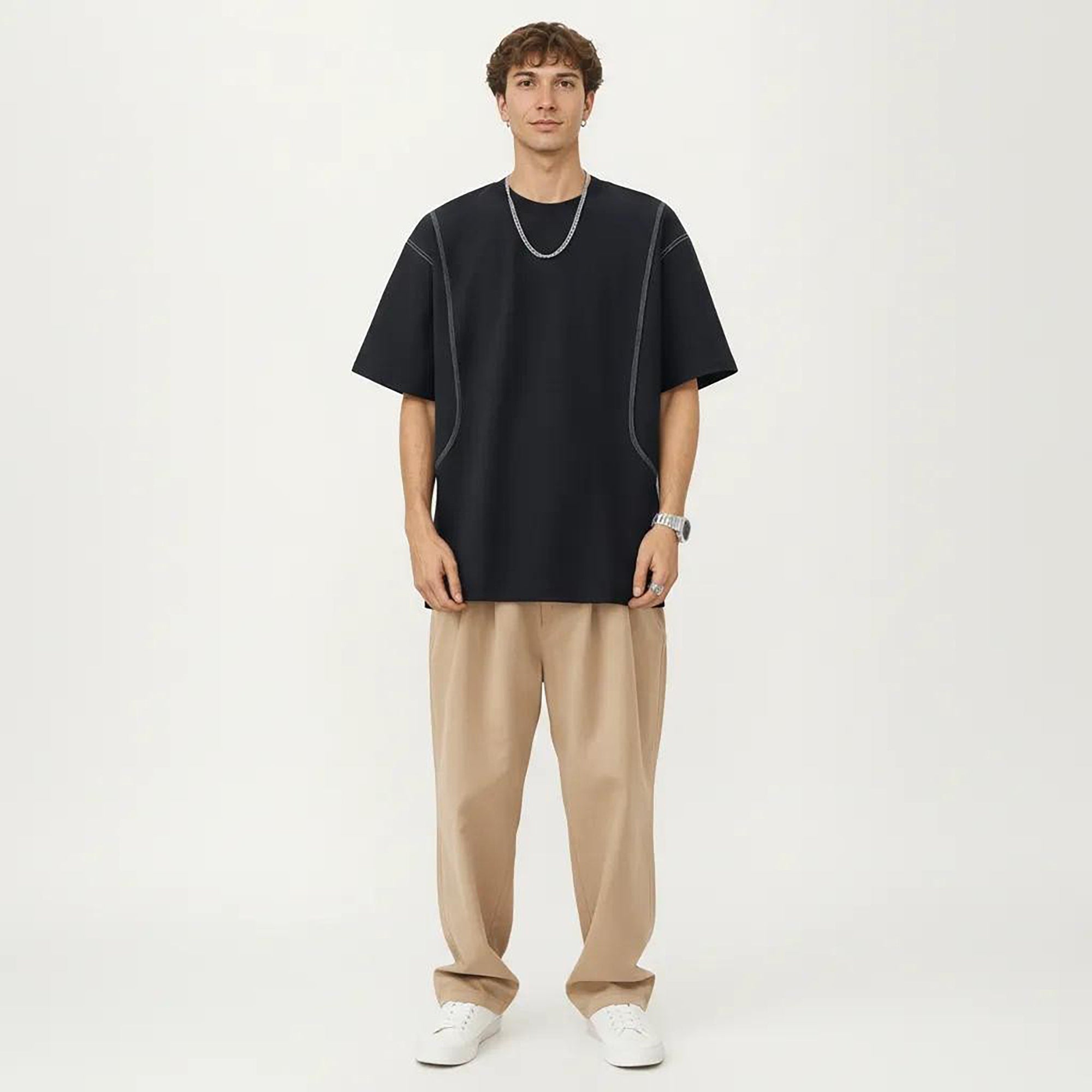 Anna-Kaci Men's Short Sleeve Crewneck T-Shirt with Exposed Seam Detailing and Relaxed Fit