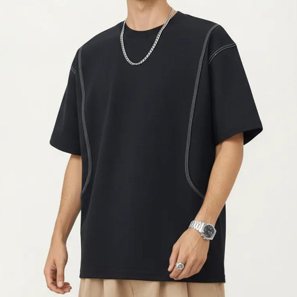 Anna-Kaci Men's Short Sleeve Crewneck T-Shirt with Exposed Seam Detailing and Relaxed Fit