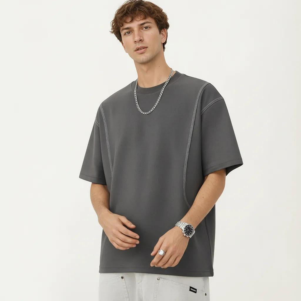 Anna-Kaci Men's Short Sleeve Crewneck T-Shirt with Exposed Seam Detailing and Relaxed Fit