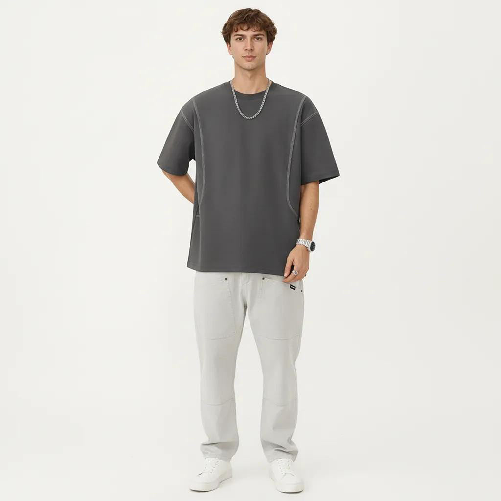 Anna-Kaci Men's Short Sleeve Crewneck T-Shirt with Exposed Seam Detailing and Relaxed Fit
