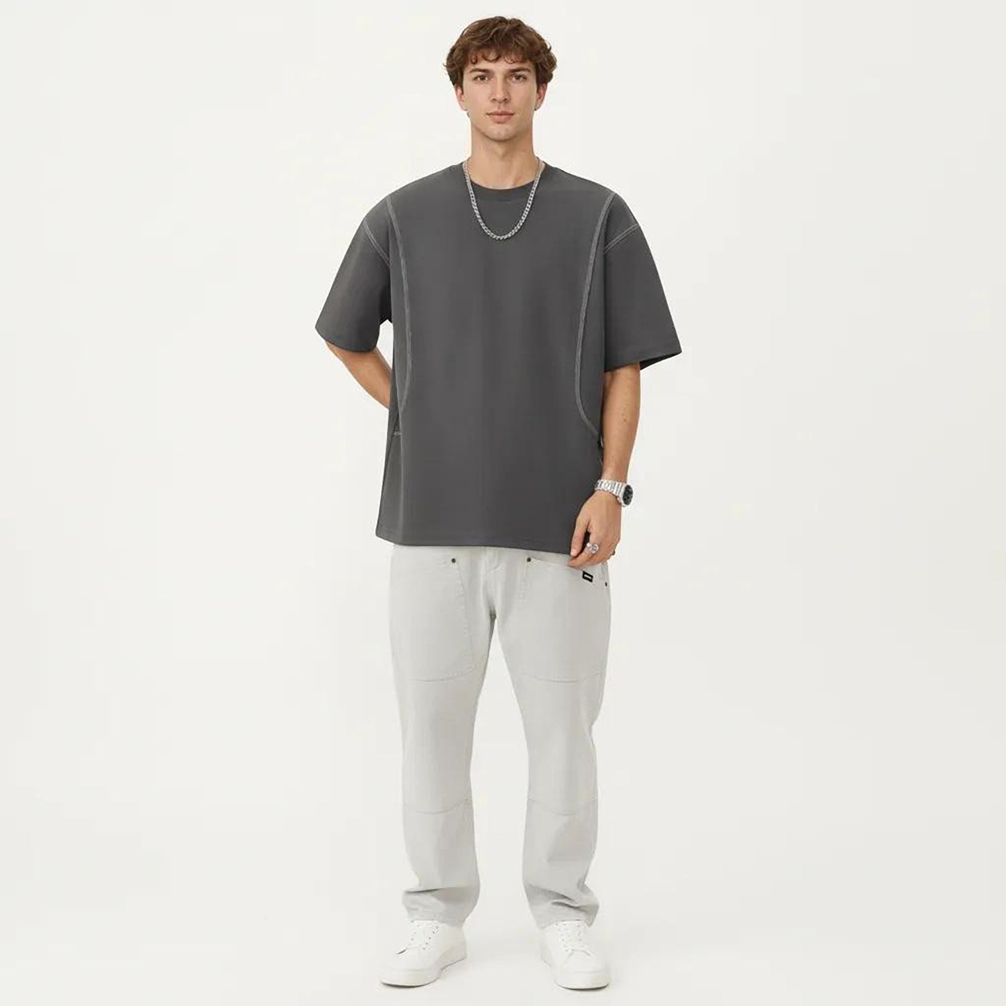 Anna-Kaci Men's Short Sleeve Crewneck T-Shirt with Exposed Seam Detailing and Relaxed Fit