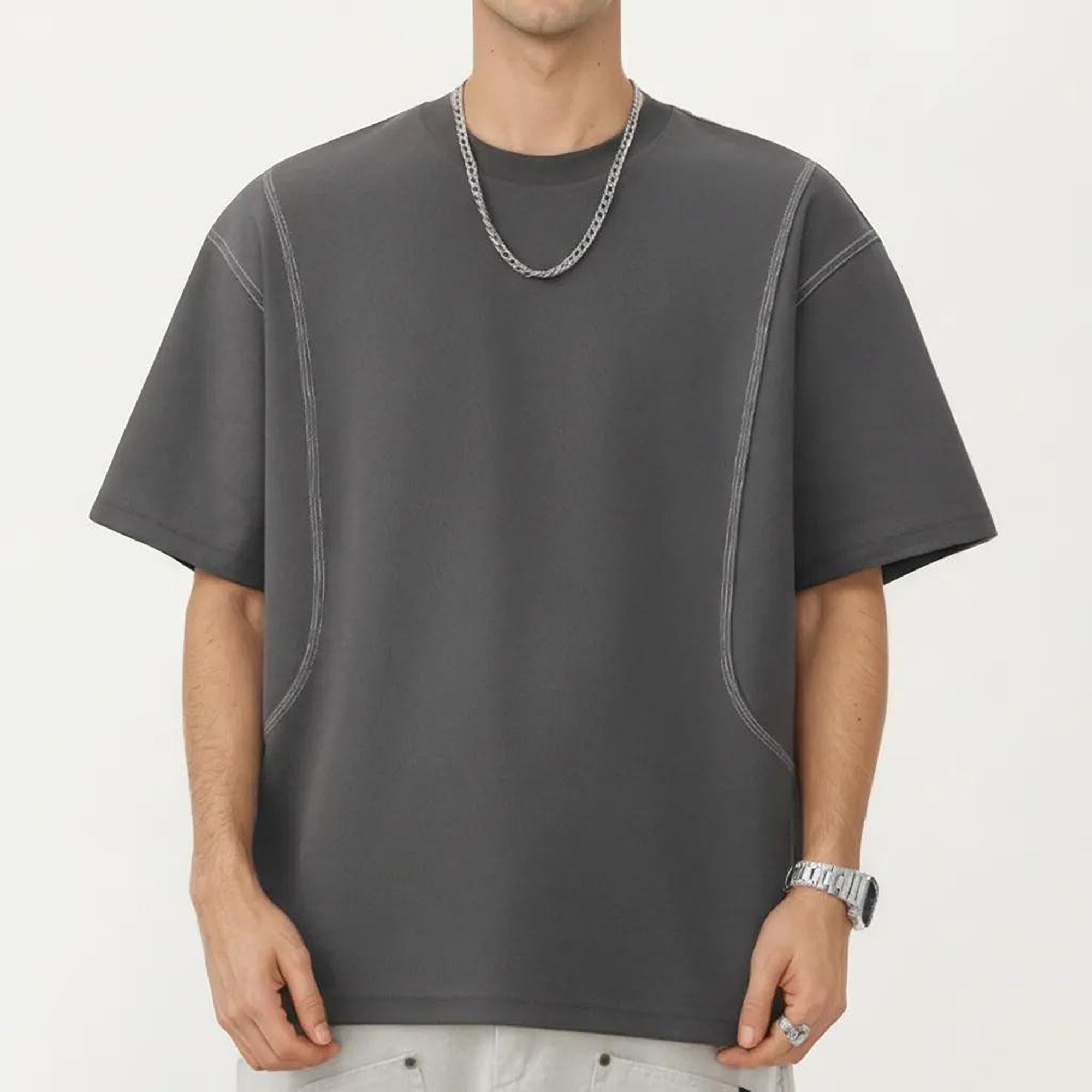 Anna-Kaci Men's Short Sleeve Crewneck T-Shirt with Exposed Seam Detailing and Relaxed Fit