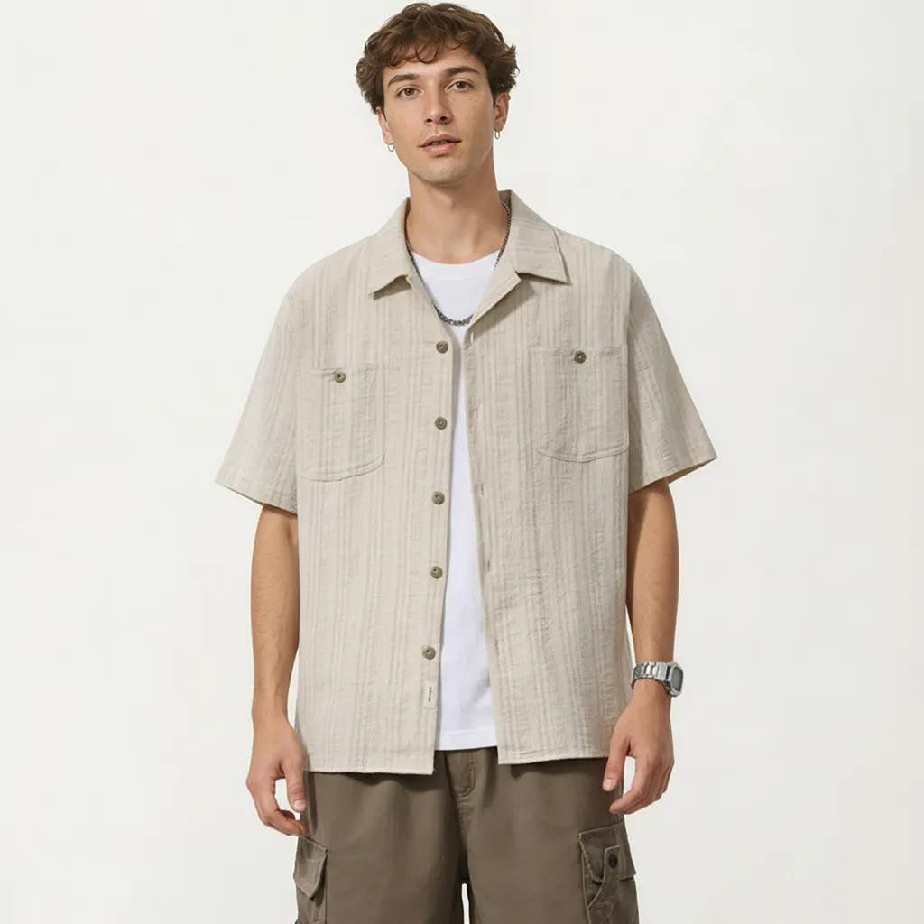 Anna-Kaci Men's Short Sleeve Button-Up Shirt with Textured Fabric and Dual Chest Pockets