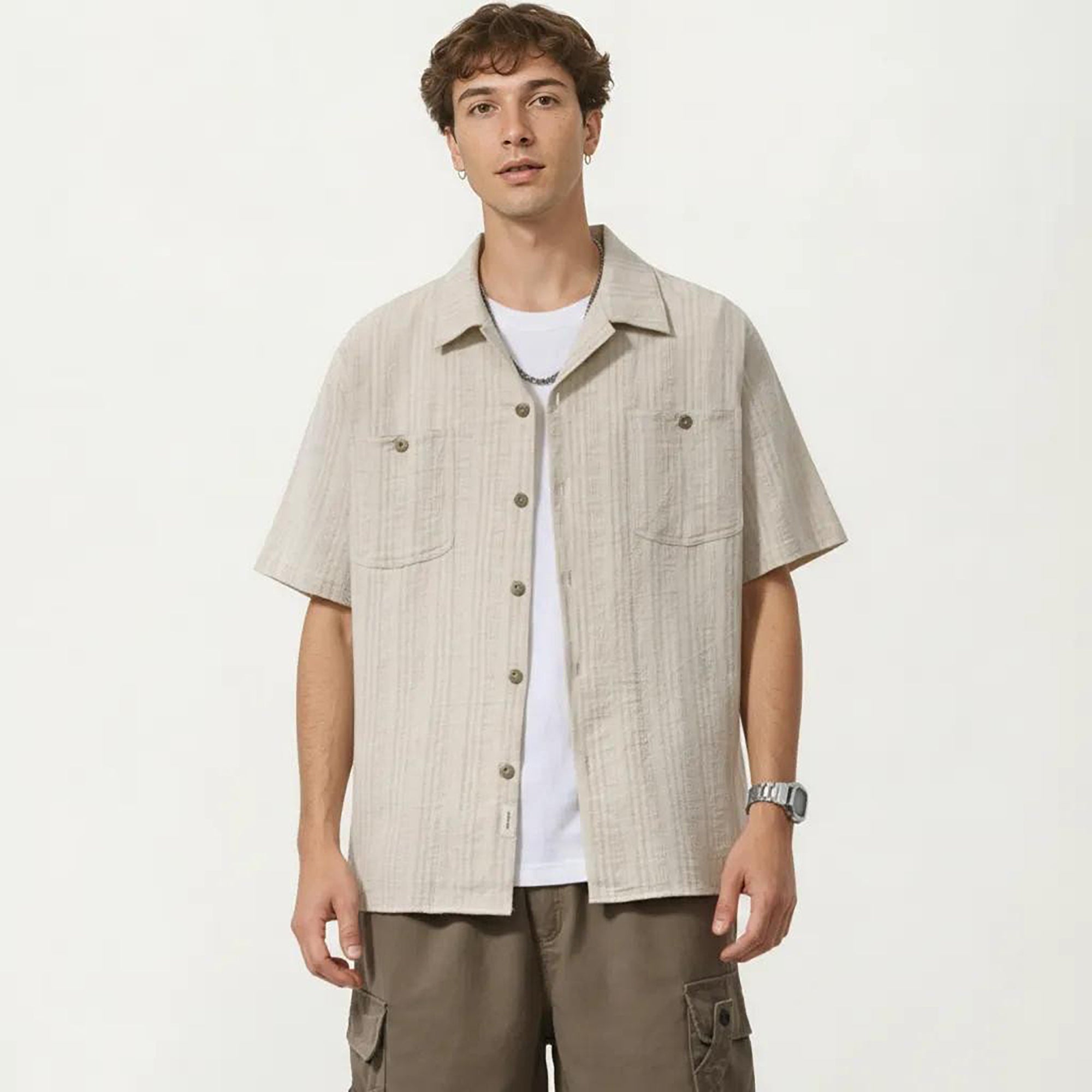 Anna-Kaci Men's Short Sleeve Button-Up Shirt with Textured Fabric and Dual Chest Pockets