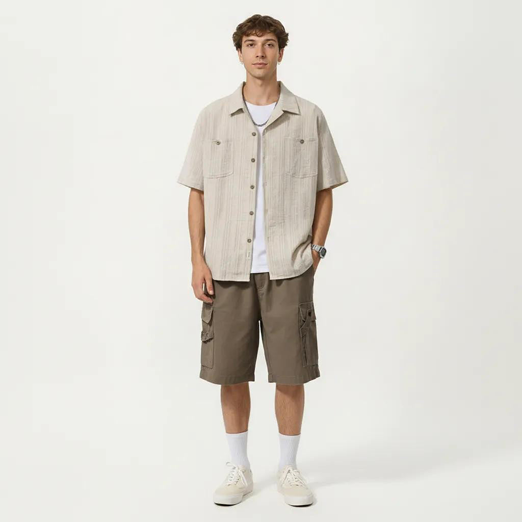 Anna-Kaci Men's Short Sleeve Button-Up Shirt with Textured Fabric and Dual Chest Pockets