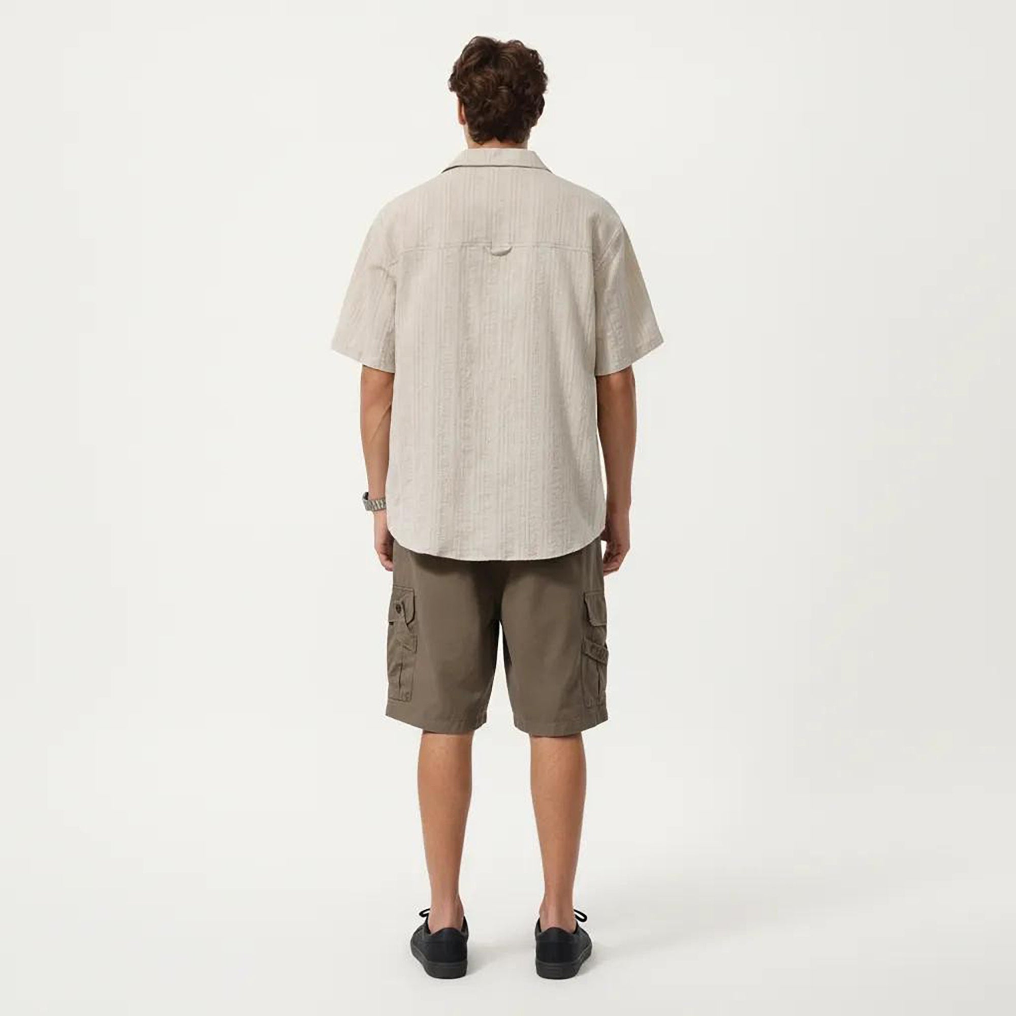Anna-Kaci Men's Short Sleeve Button-Up Shirt with Textured Fabric and Dual Chest Pockets