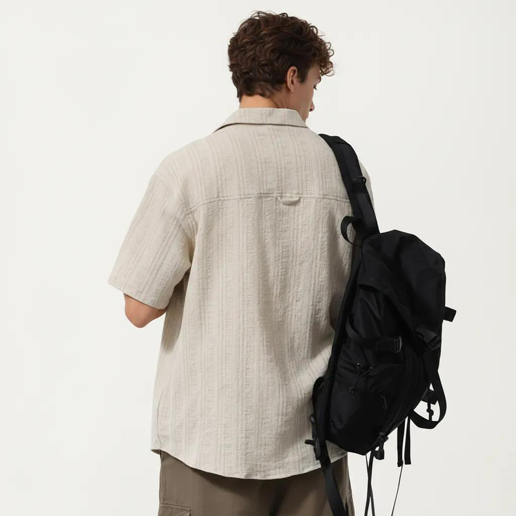Anna-Kaci Men's Short Sleeve Button-Up Shirt with Textured Fabric and Dual Chest Pockets