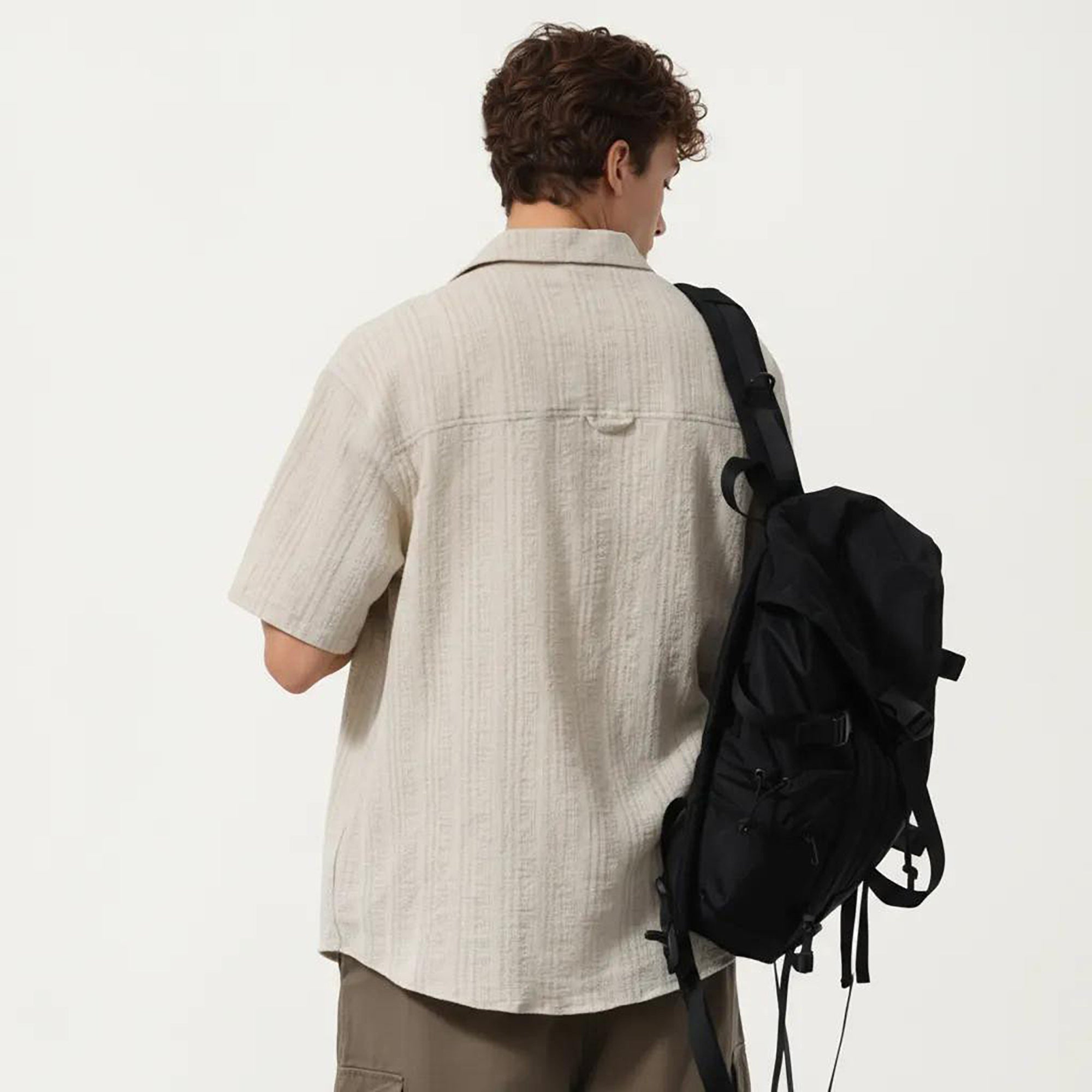Anna-Kaci Men's Short Sleeve Button-Up Shirt with Textured Fabric and Dual Chest Pockets