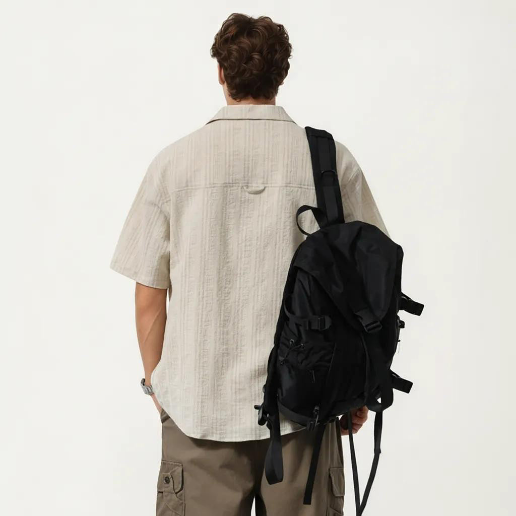 Anna-Kaci Men's Short Sleeve Button-Up Shirt with Textured Fabric and Dual Chest Pockets