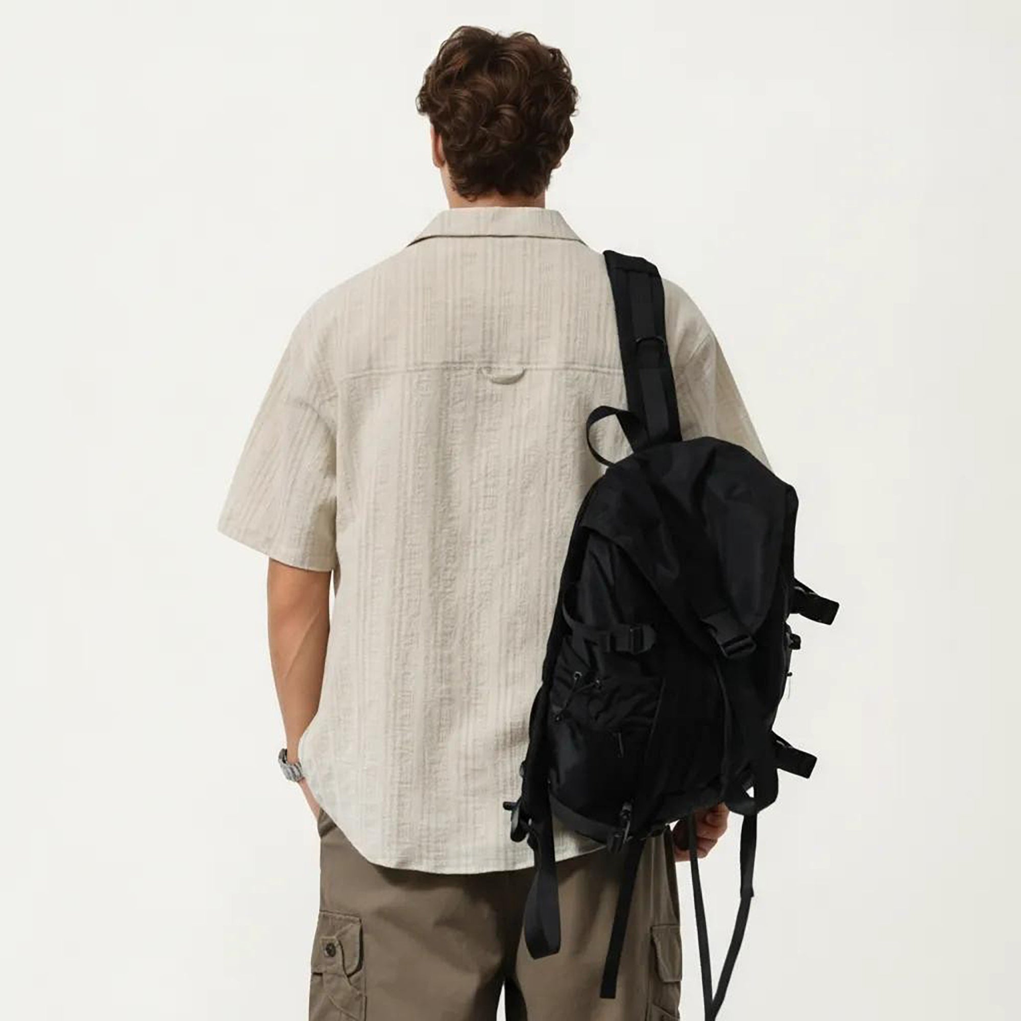 Anna-Kaci Men's Short Sleeve Button-Up Shirt with Textured Fabric and Dual Chest Pockets
